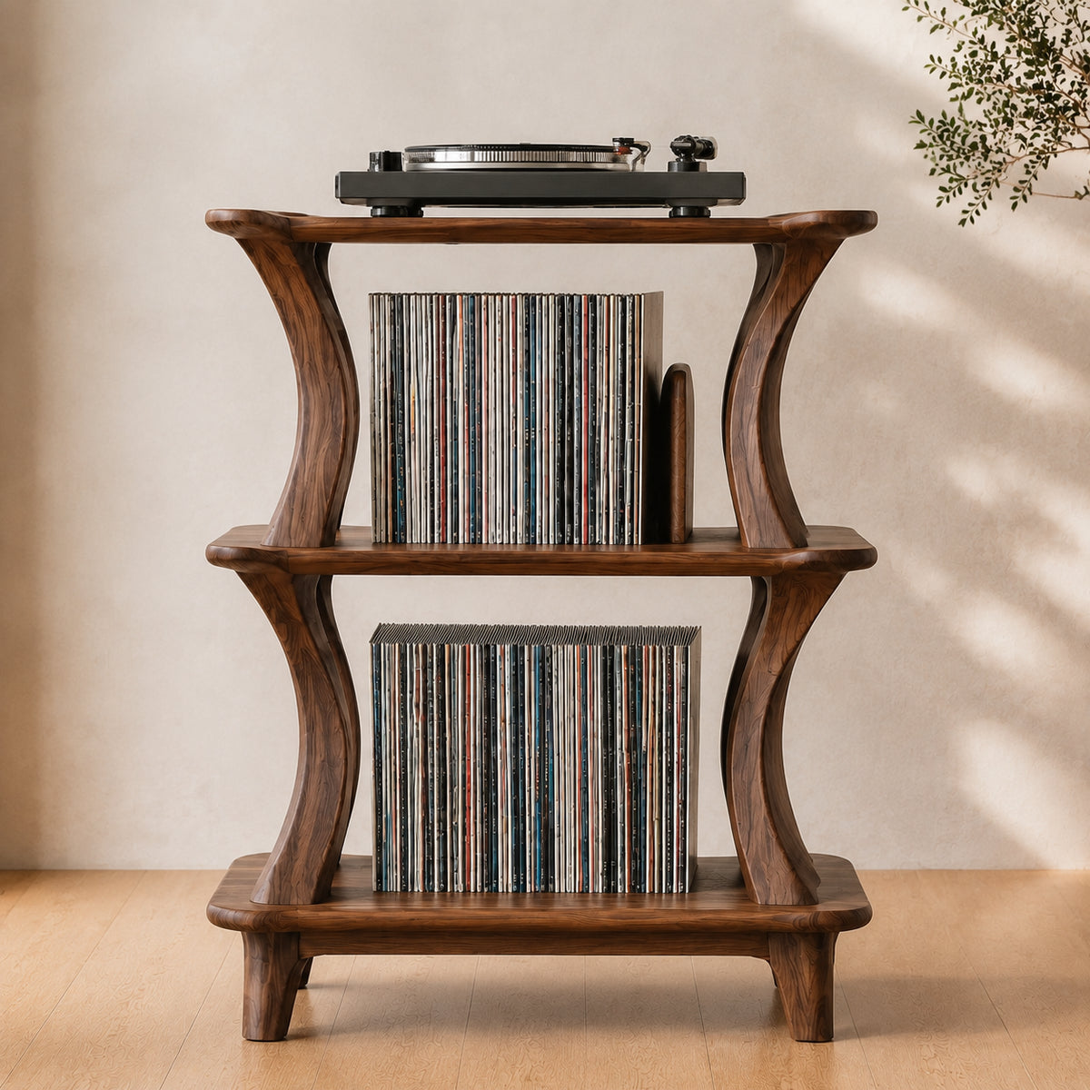 Record Player Stand with Curved Sculptural Shelves in Natural Solid Wood - Rustiracraft