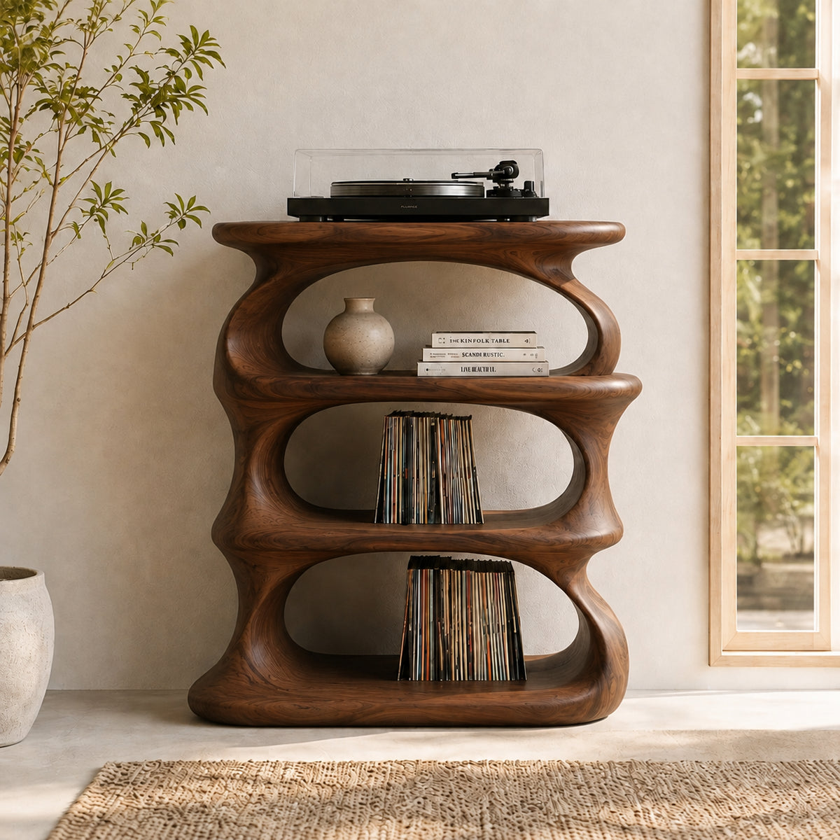 Record Player Stand with Sculptural Oval Vinyl Storage in Natural Solid Wood - Rustiracraft