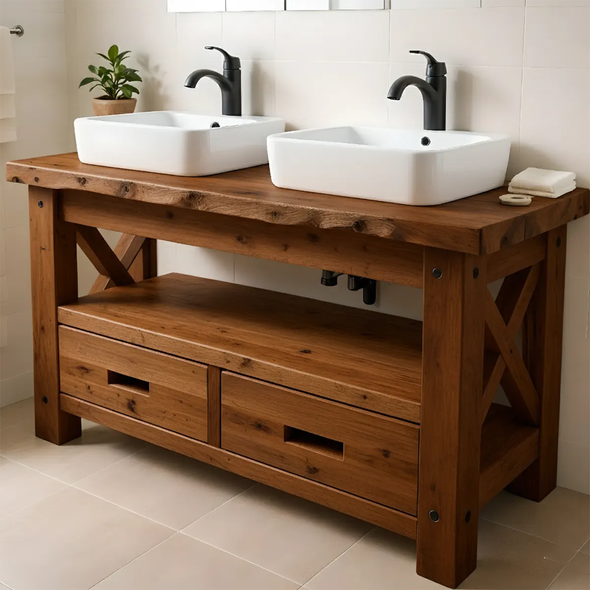 Rustic Farmhouse Solid Wood Double Sink Vanity With Drawers - Rustiracraft 