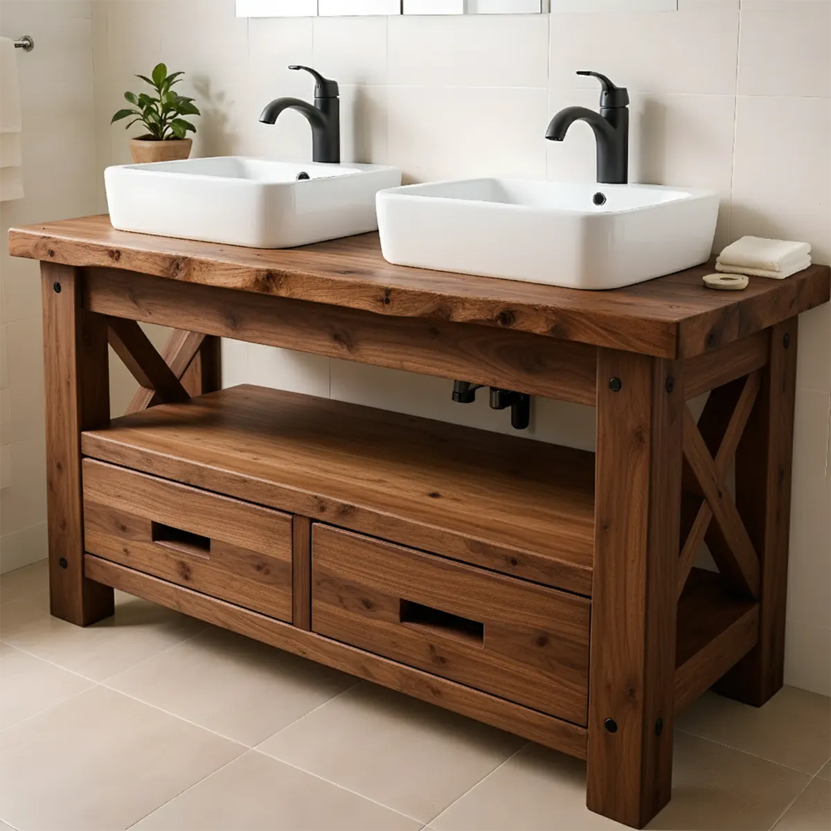 Rustic Farmhouse Solid Wood Double Sink Vanity With Drawers - Rustiracraft 