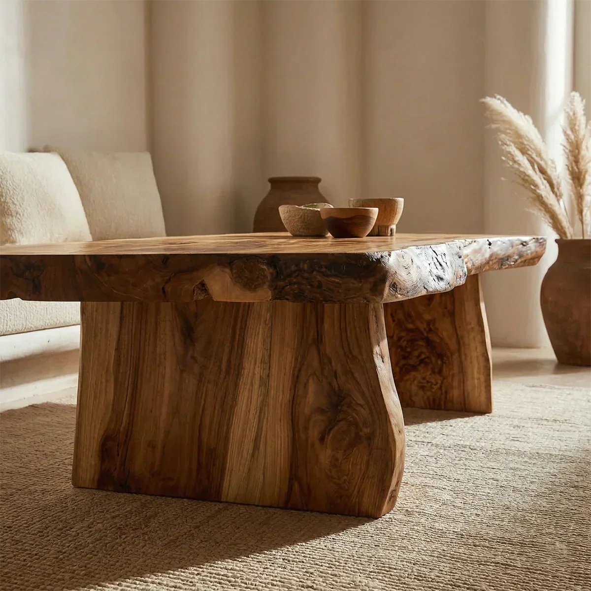 Rustic Live Edge Slab Coffee Table with Solid Block Base in Natural Solid Wood - Rustiracraft 