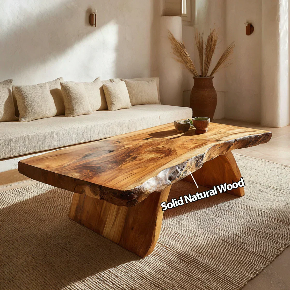 Rustic Live Edge Slab Coffee Table with Solid Block Base in Natural Solid Wood - Rustiracraft 