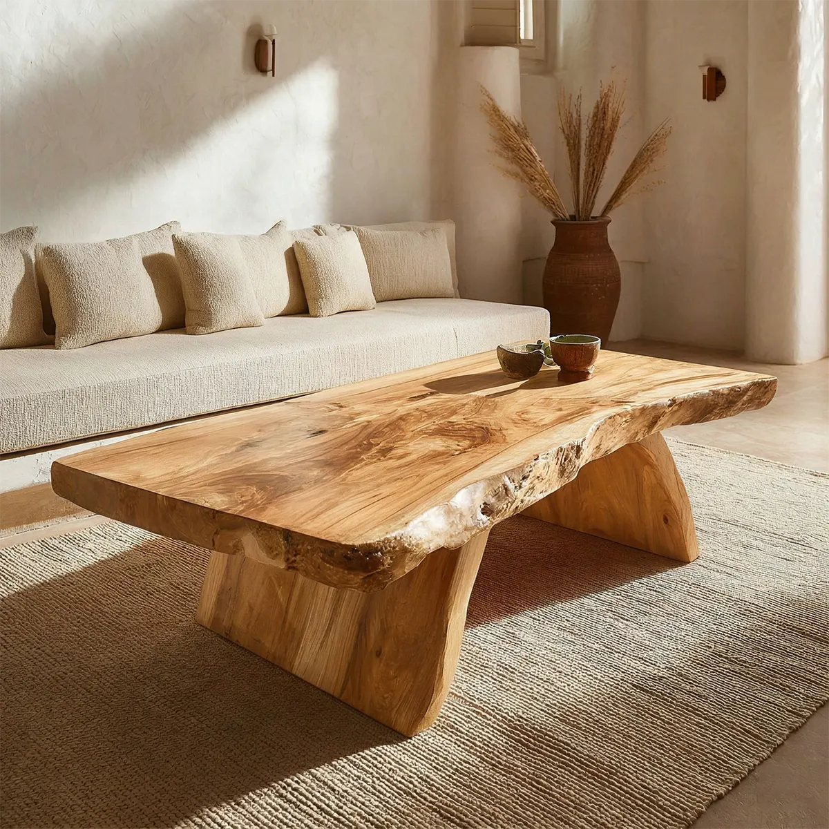 Rustic Live Edge Slab Coffee Table with Solid Block Base in Natural Solid Wood - Rustiracraft 