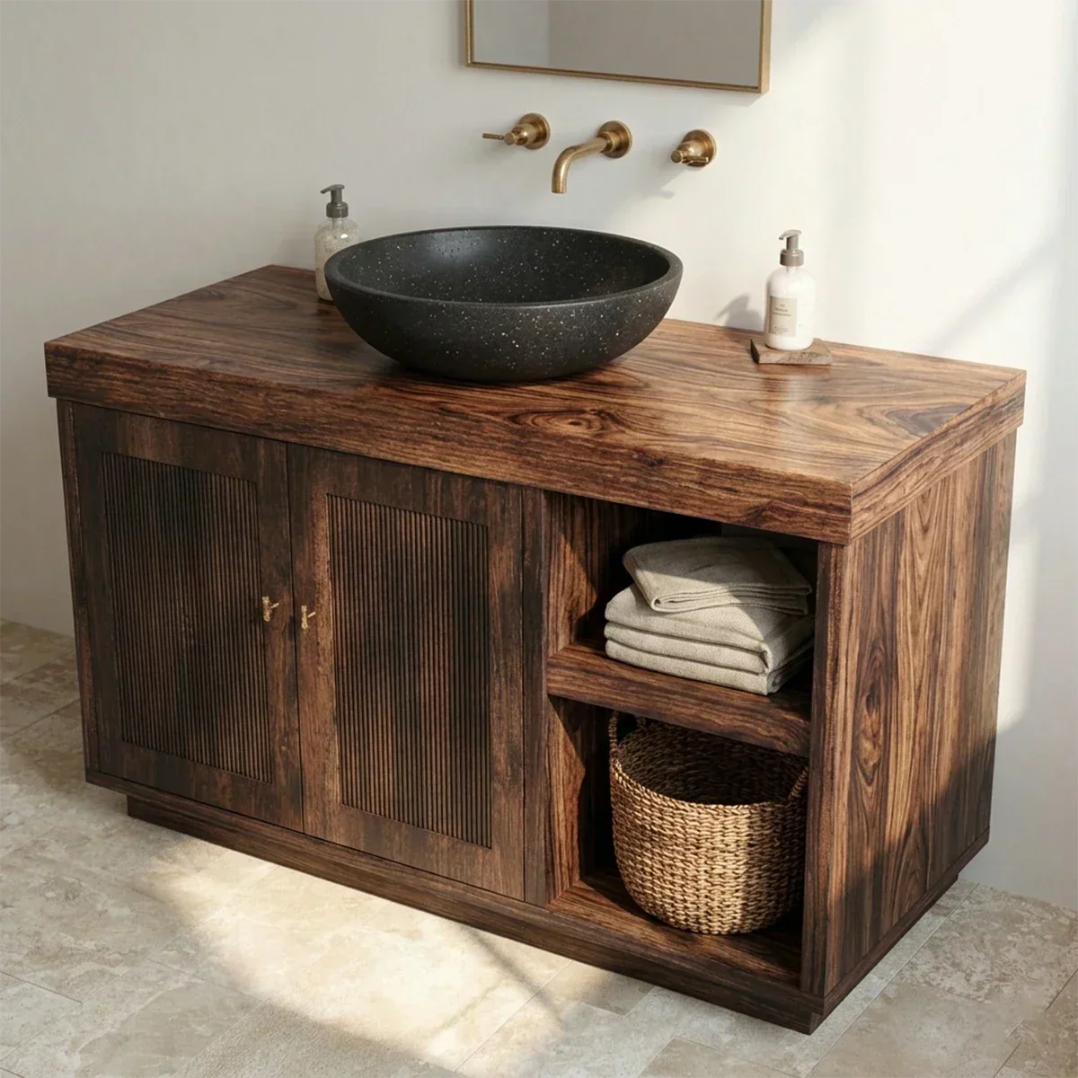 Rustic Natural Solid Wood Bathroom Vanity Cabinet with Open Shelf - Rustiracraft 