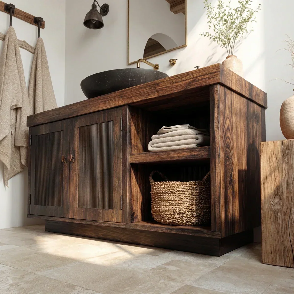 Rustic Natural Solid Wood Bathroom Vanity Cabinet with Open Shelf - Rustiracraft 