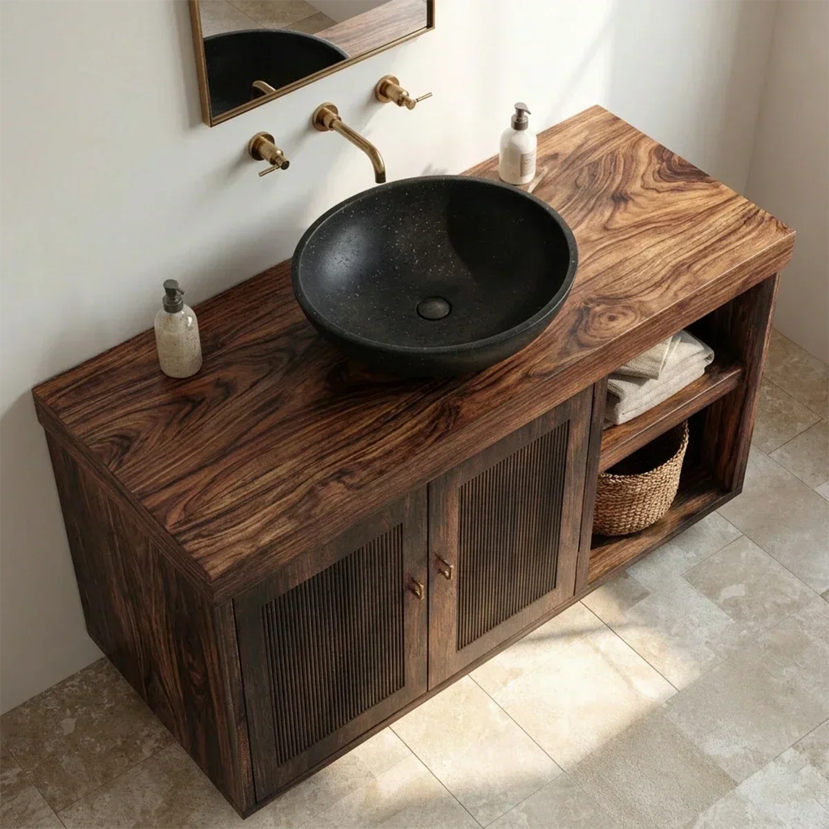 Rustic Natural Solid Wood Bathroom Vanity Cabinet with Open Shelf - Rustiracraft 
