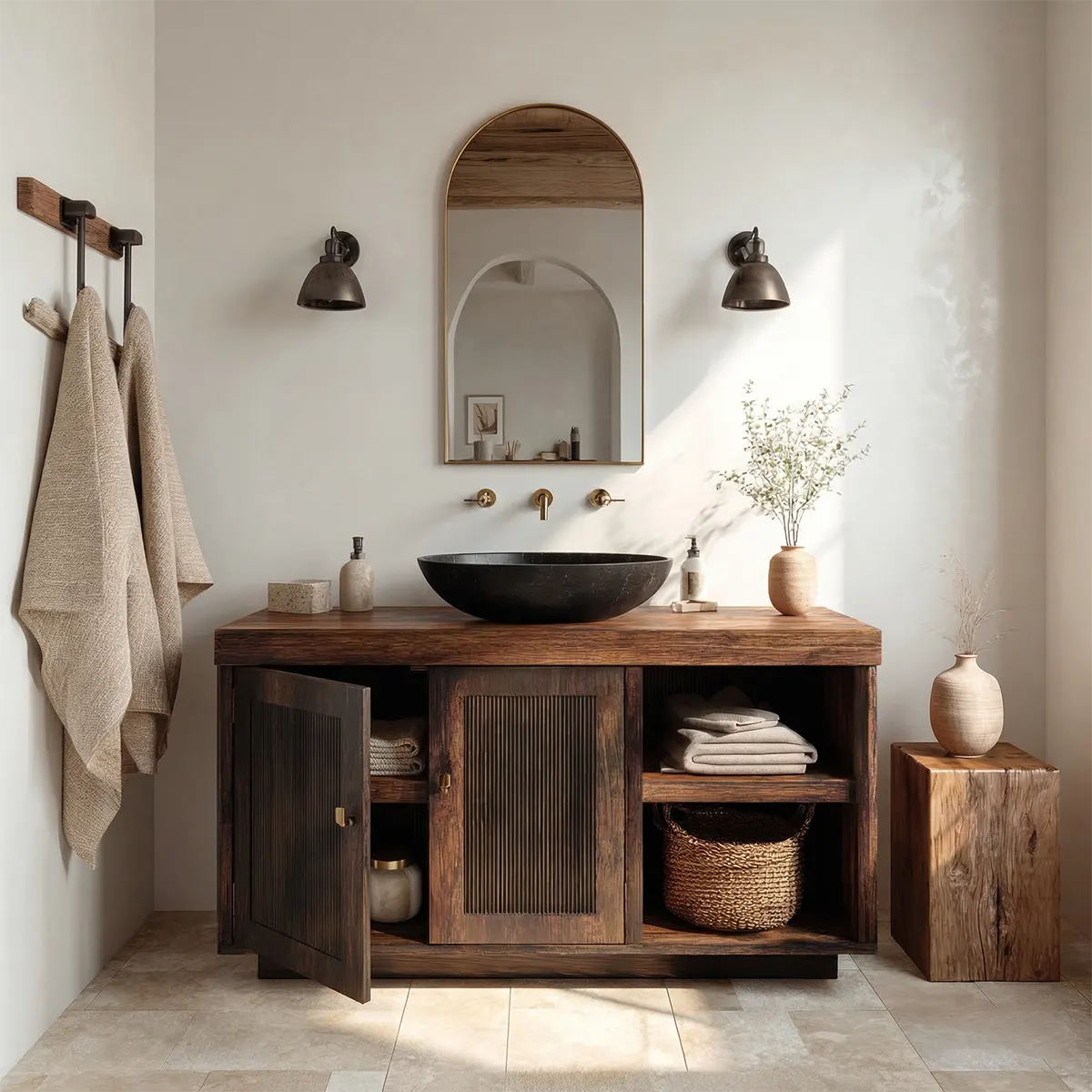 Rustic Natural Solid Wood Bathroom Vanity Cabinet with Open Shelf - Rustiracraft 