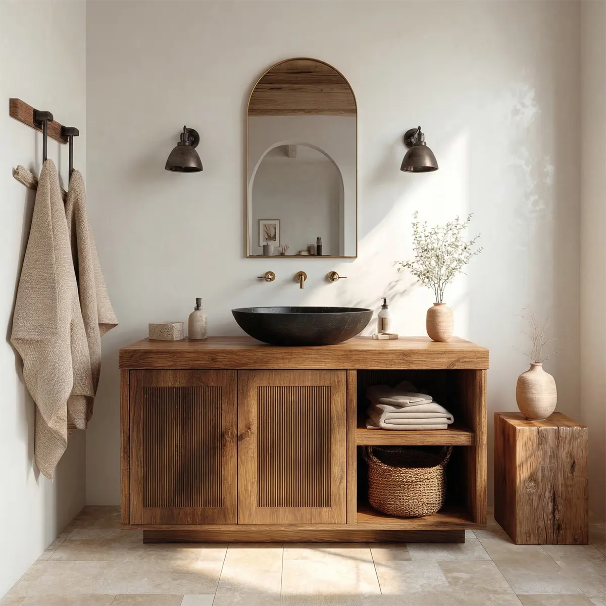 Rustic Natural Solid Wood Bathroom Vanity Cabinet with Open Shelf - Rustiracraft 