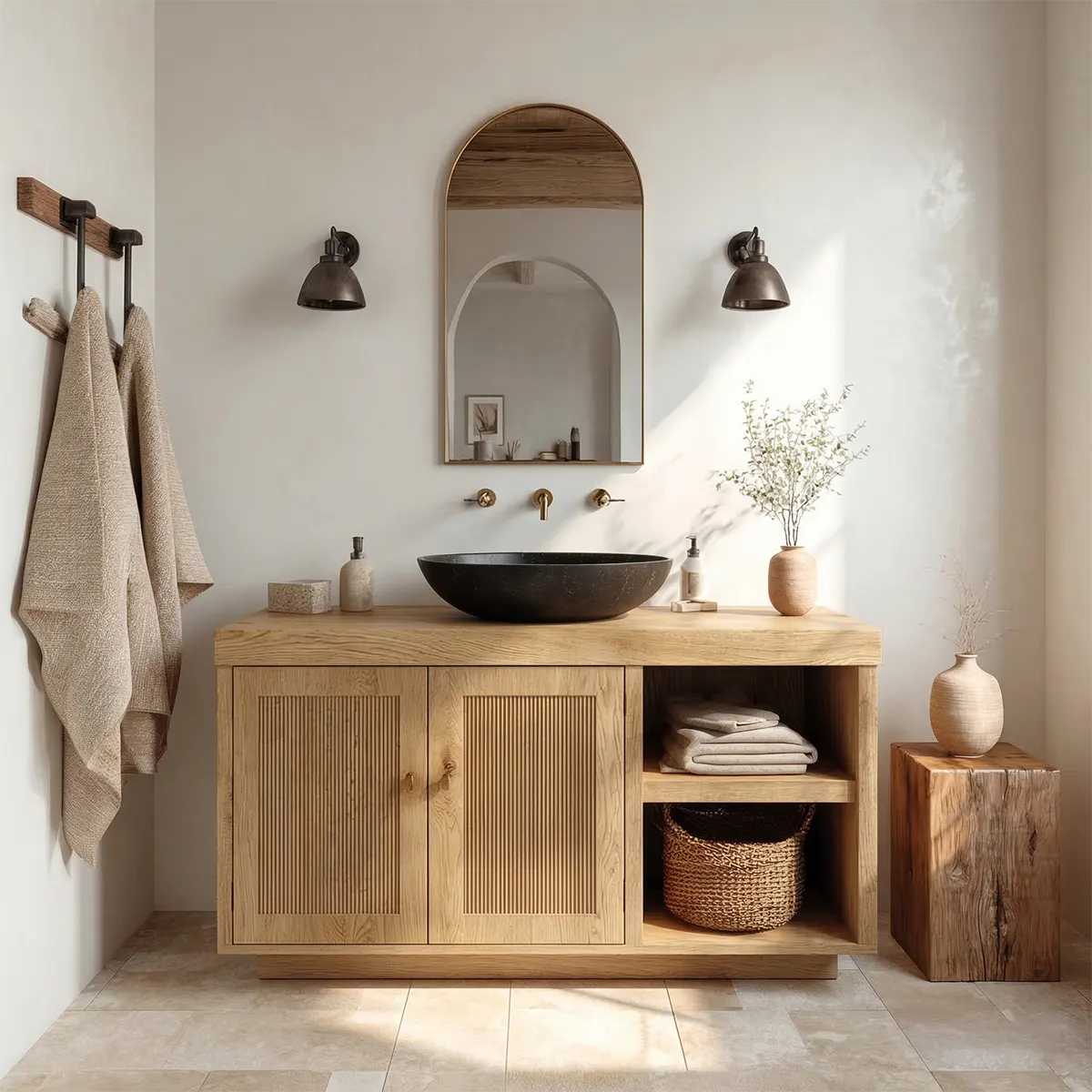 Rustic Natural Solid Wood Bathroom Vanity Cabinet with Open Shelf - Rustiracraft 