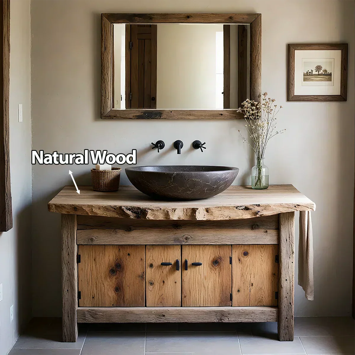Rustic Natural Solid Wood Vanity with Live-Edge Top - Rustiracraft 
