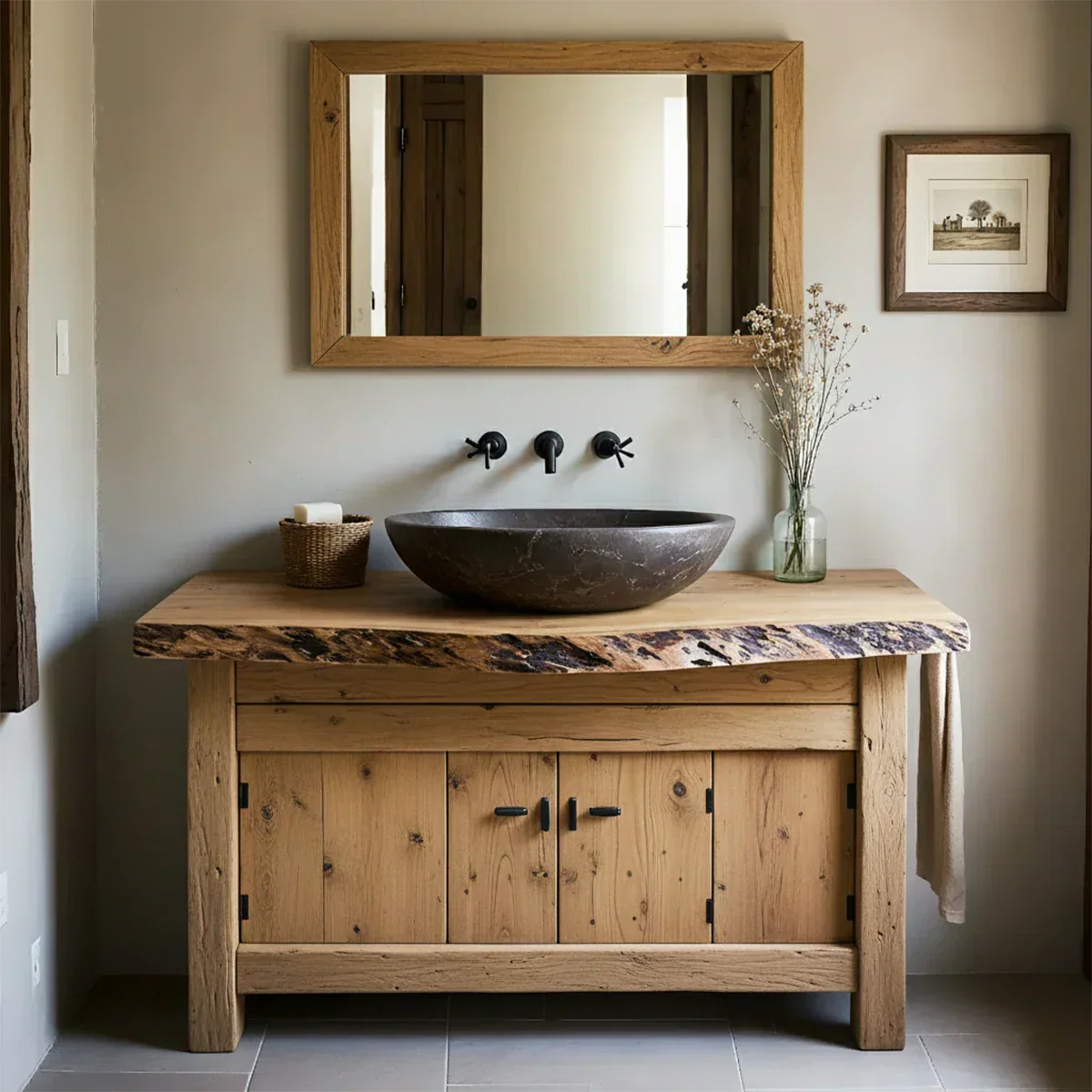 Rustic Natural Solid Wood Vanity with Live-Edge Top - Rustiracraft 