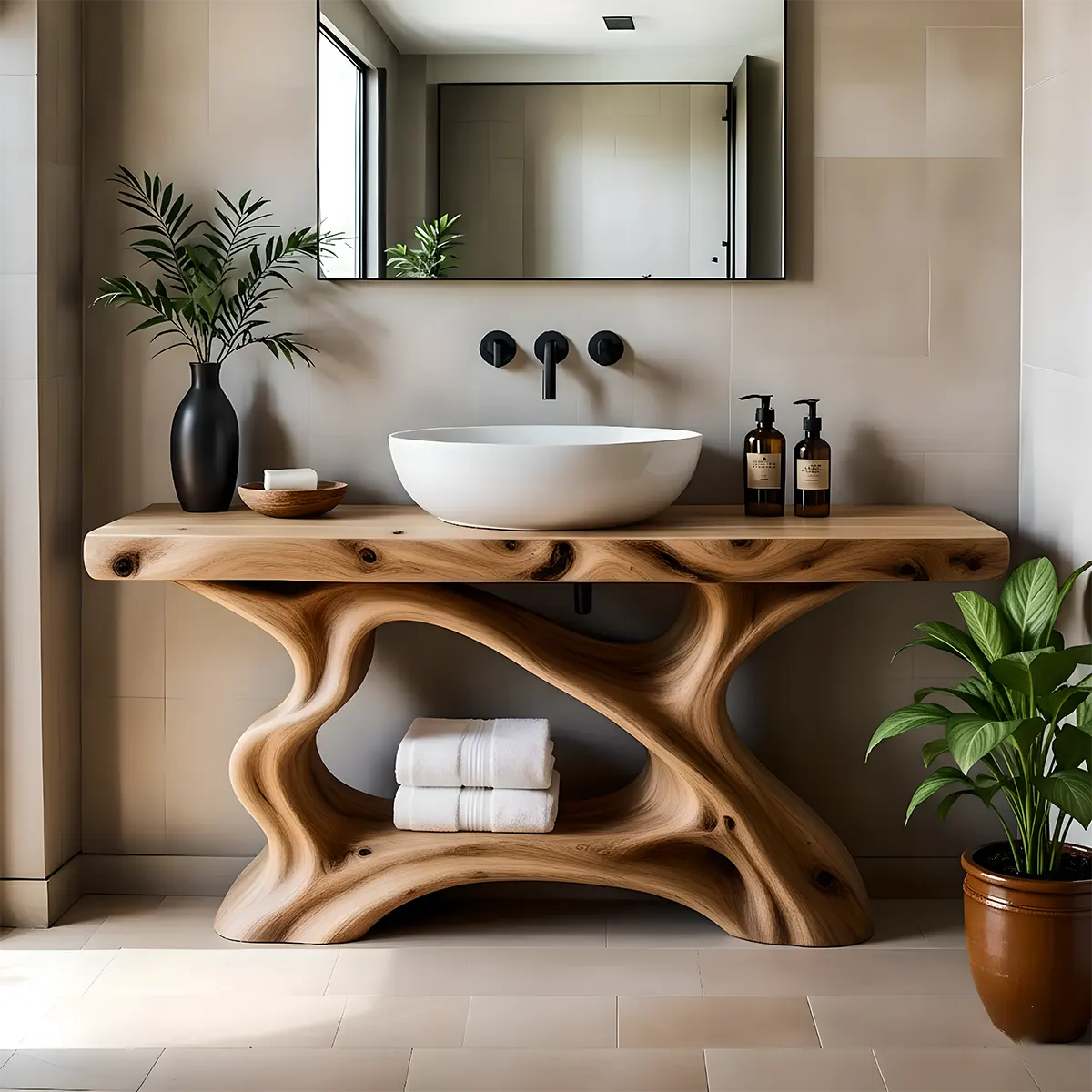 Rustic Sculpted Solid Wood Live Edge Bathroom Vanity - Rustiracraft 