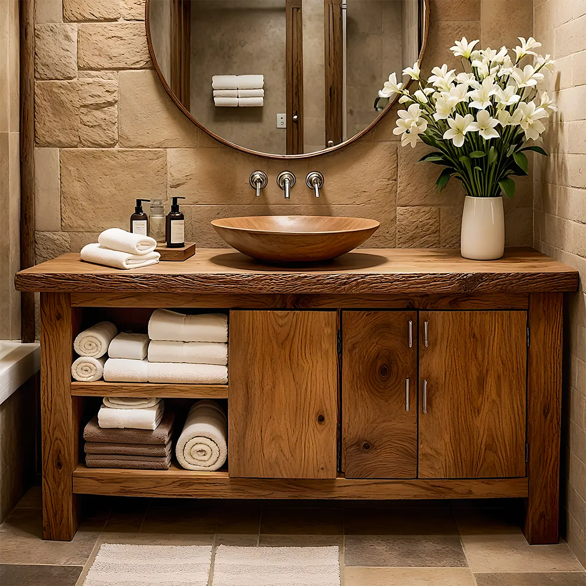 Rustic Solid Oak Bathroom Vanity – Handcrafted Wood Design - Rustiracraft 