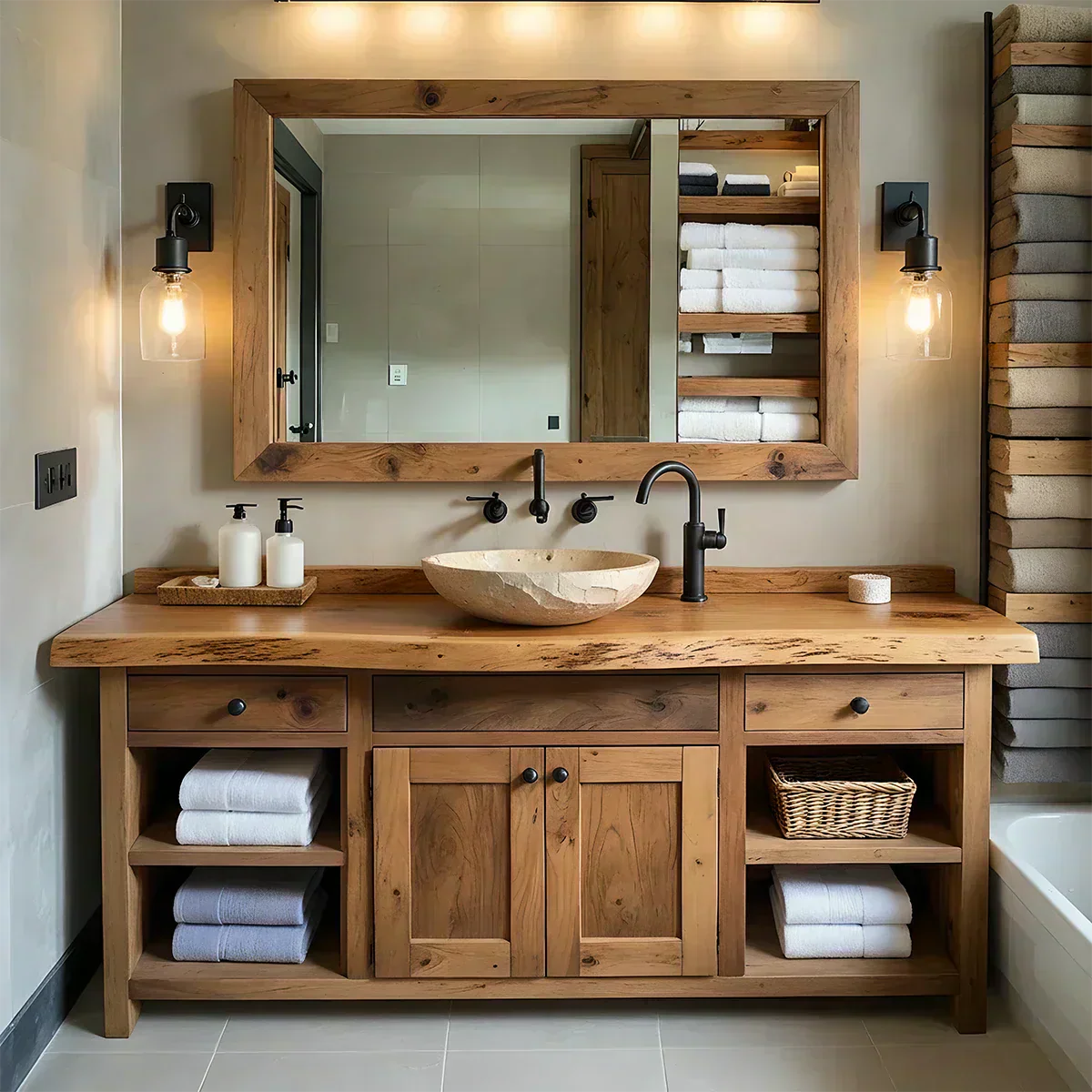 Rustic Solid Wood Bathroom Vanity – Handcrafted Farmhouse Wabi-Sabi Cabinet - Rustiracraft