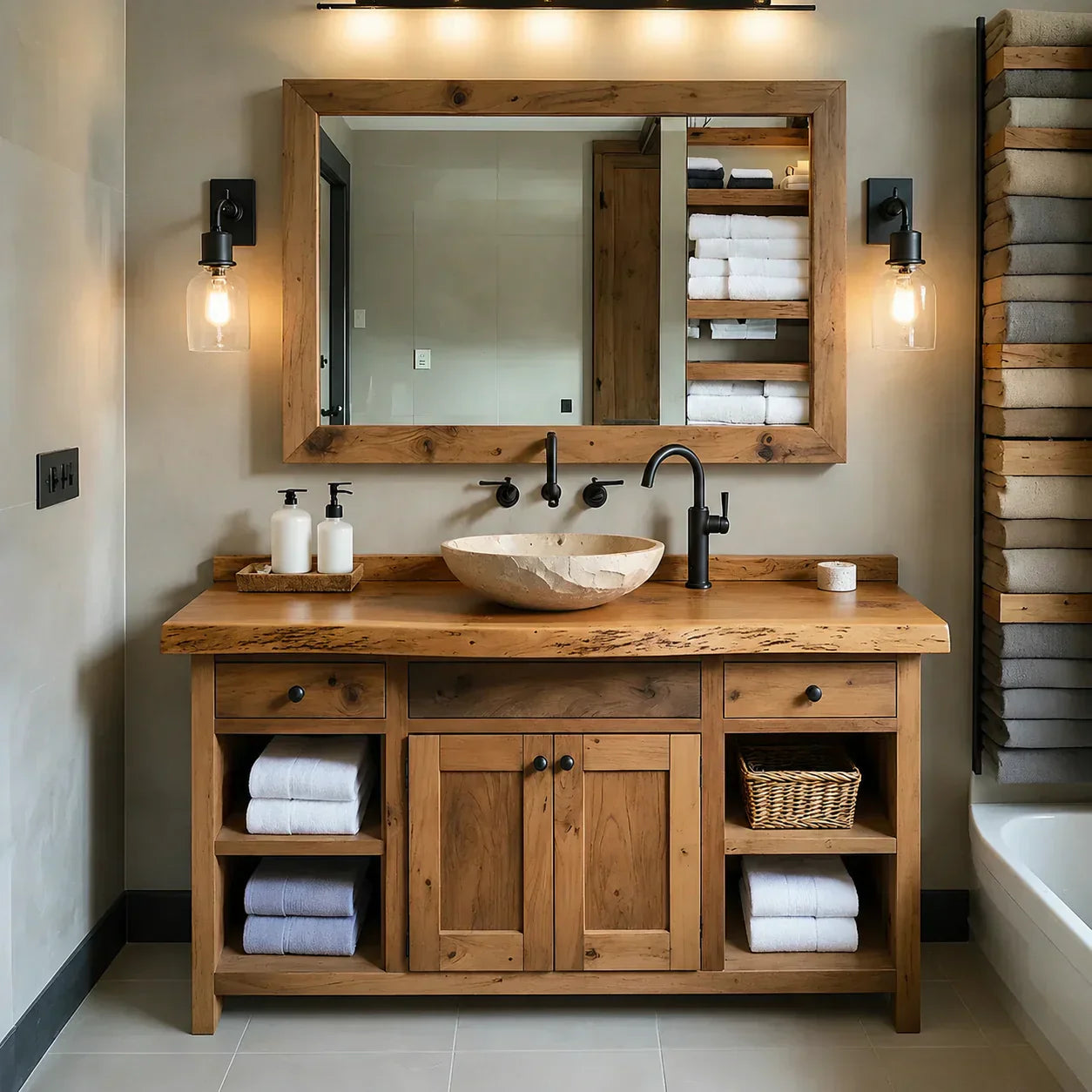 Rustic Solid Wood Bathroom Vanity – Handcrafted Farmhouse Wabi-Sabi Cabinet - Rustiracraft