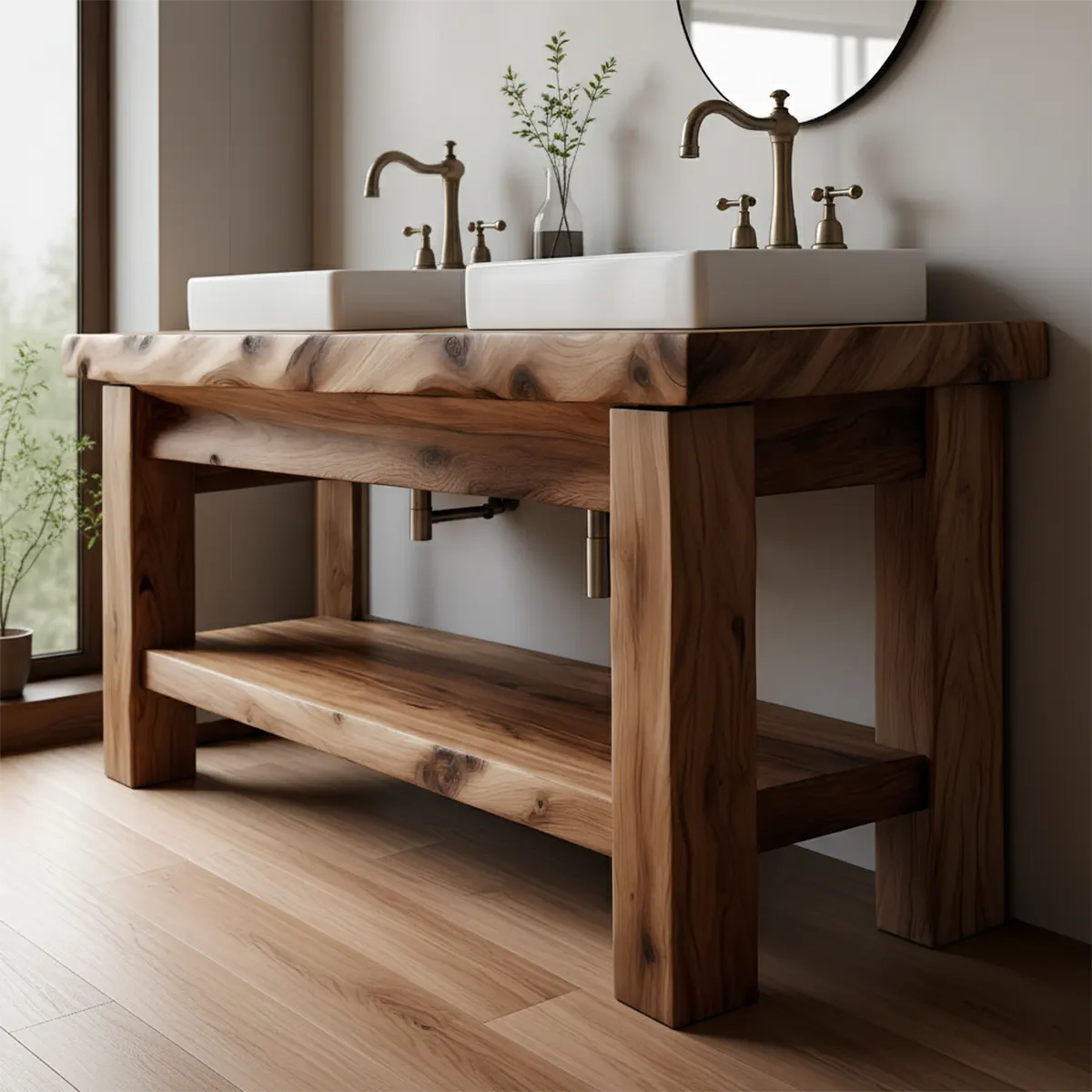 Rustic Solid Wood Double Sink Bathroom Vanity with Open Shelf - Rustiracraft 