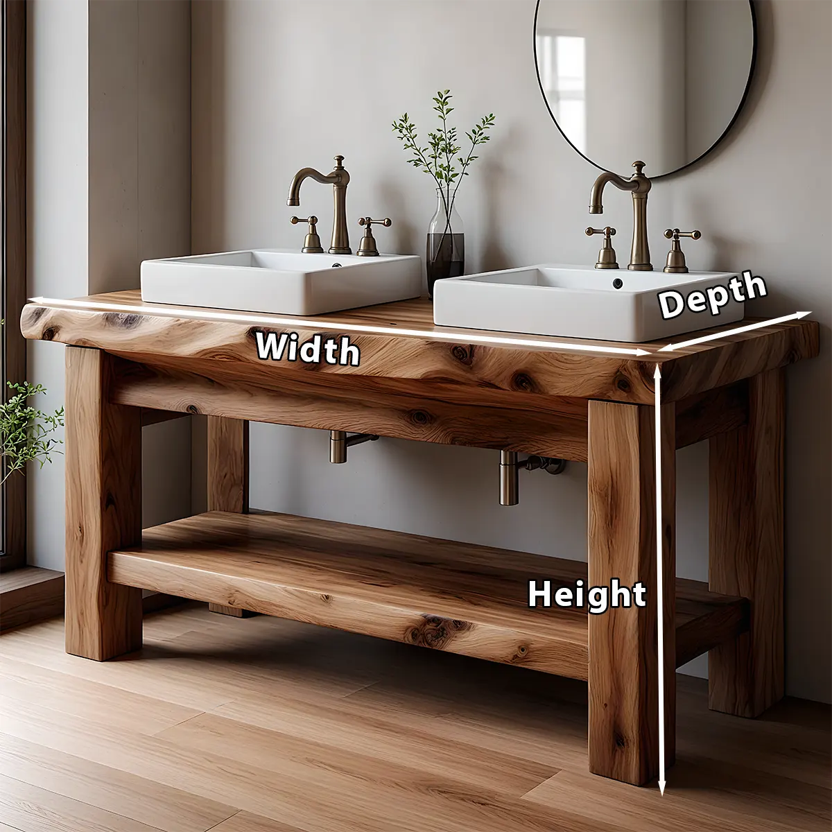 Rustic Solid Wood Double Sink Bathroom Vanity with Open Shelf - Rustiracraft 