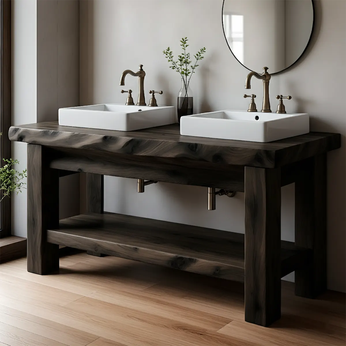Rustic Solid Wood Double Sink Bathroom Vanity with Open Shelf - Rustiracraft 