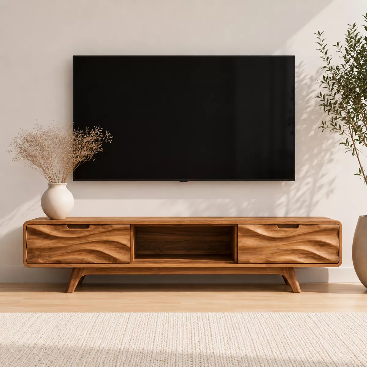 Scandinavian TV Stand with Sculptural Wave-Front Drawers and Tapered Legs - Rustiracraft