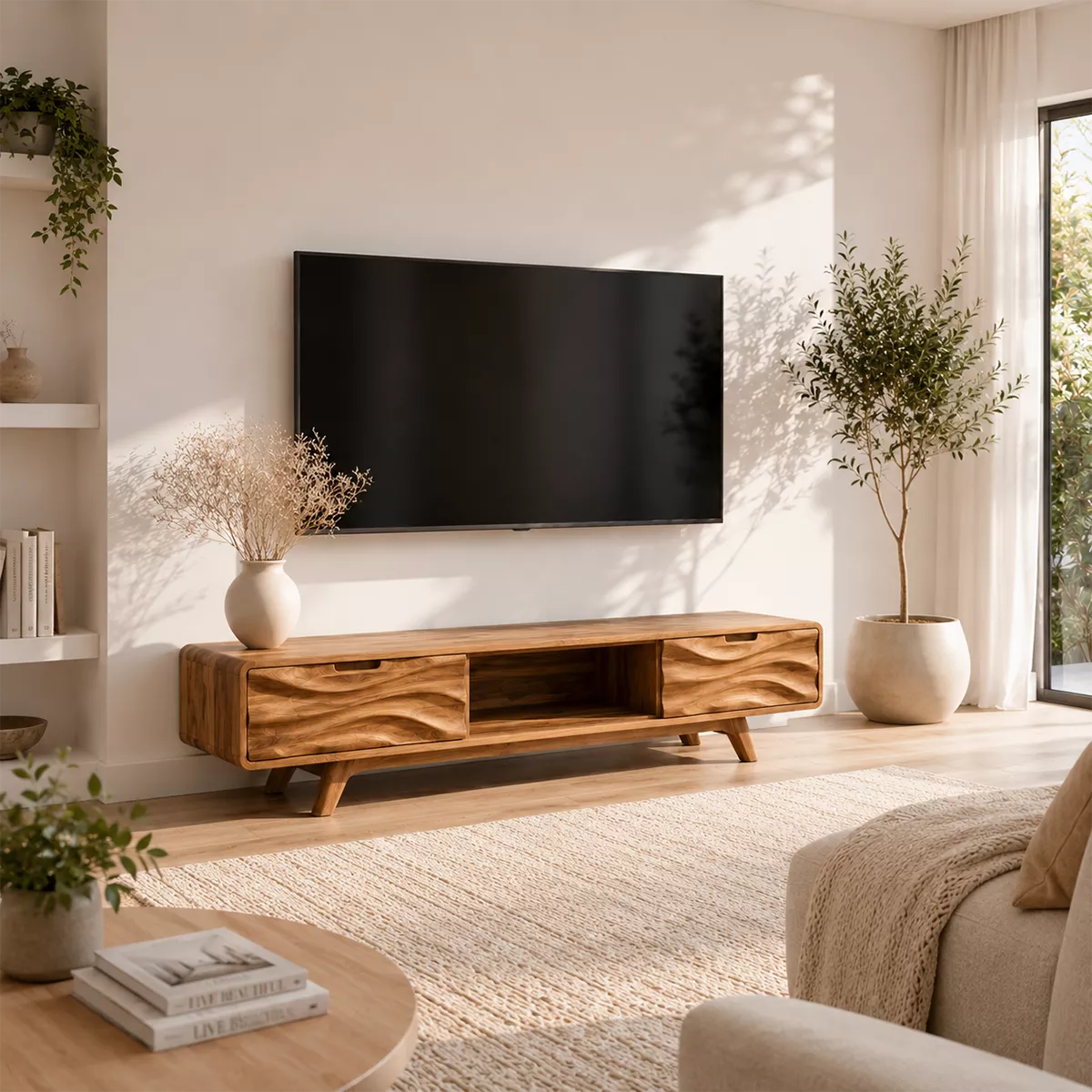 Scandinavian TV Stand with Sculptural Wave-Front Drawers and Tapered Legs - Rustiracraft