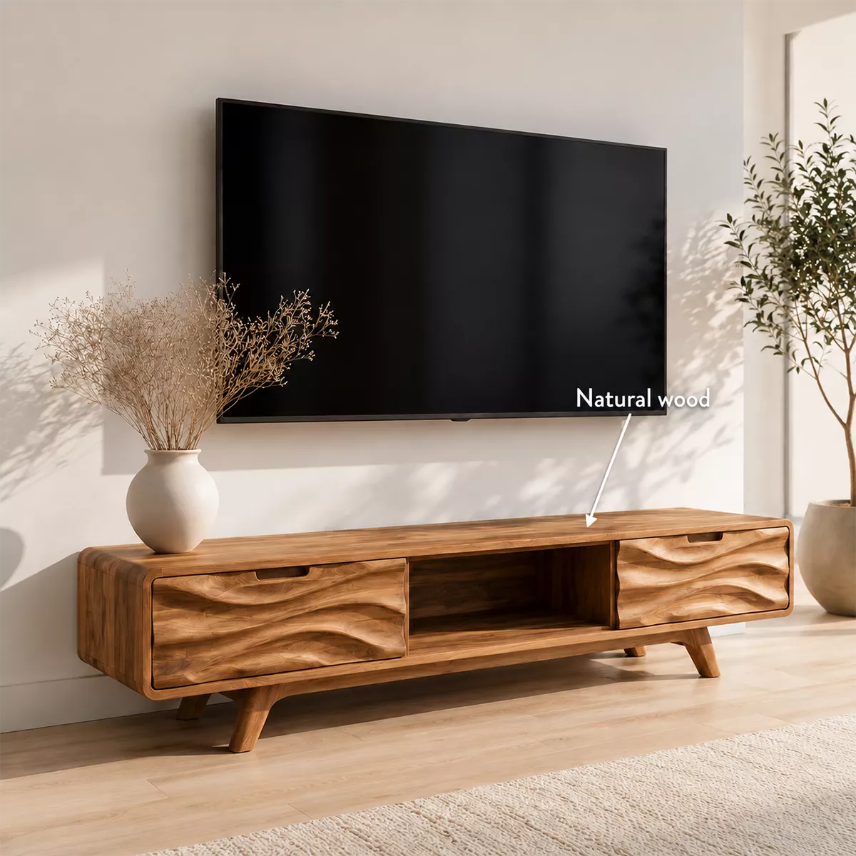 Scandinavian TV Stand with Sculptural Wave-Front Drawers and Tapered Legs - Rustiracraft