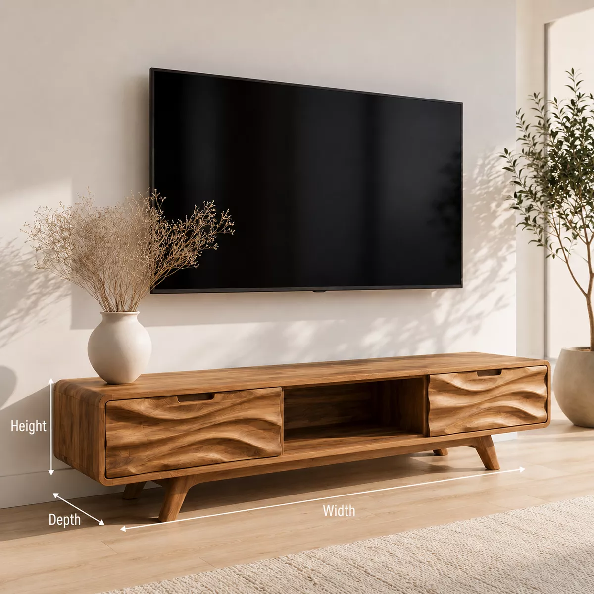 Scandinavian TV Stand with Sculptural Wave-Front Drawers and Tapered Legs - Rustiracraft