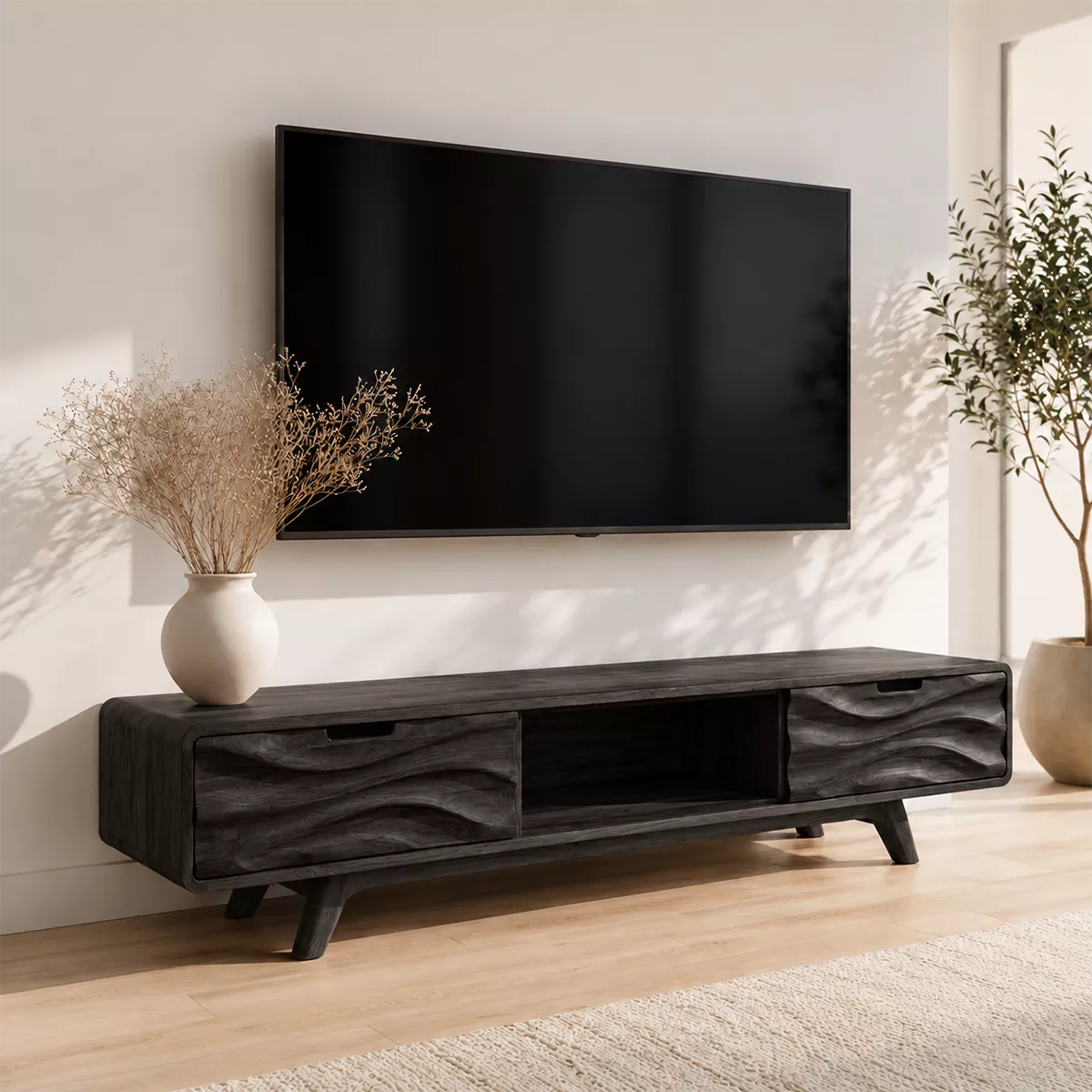 Scandinavian TV Stand with Sculptural Wave-Front Drawers and Tapered Legs - Rustiracraft