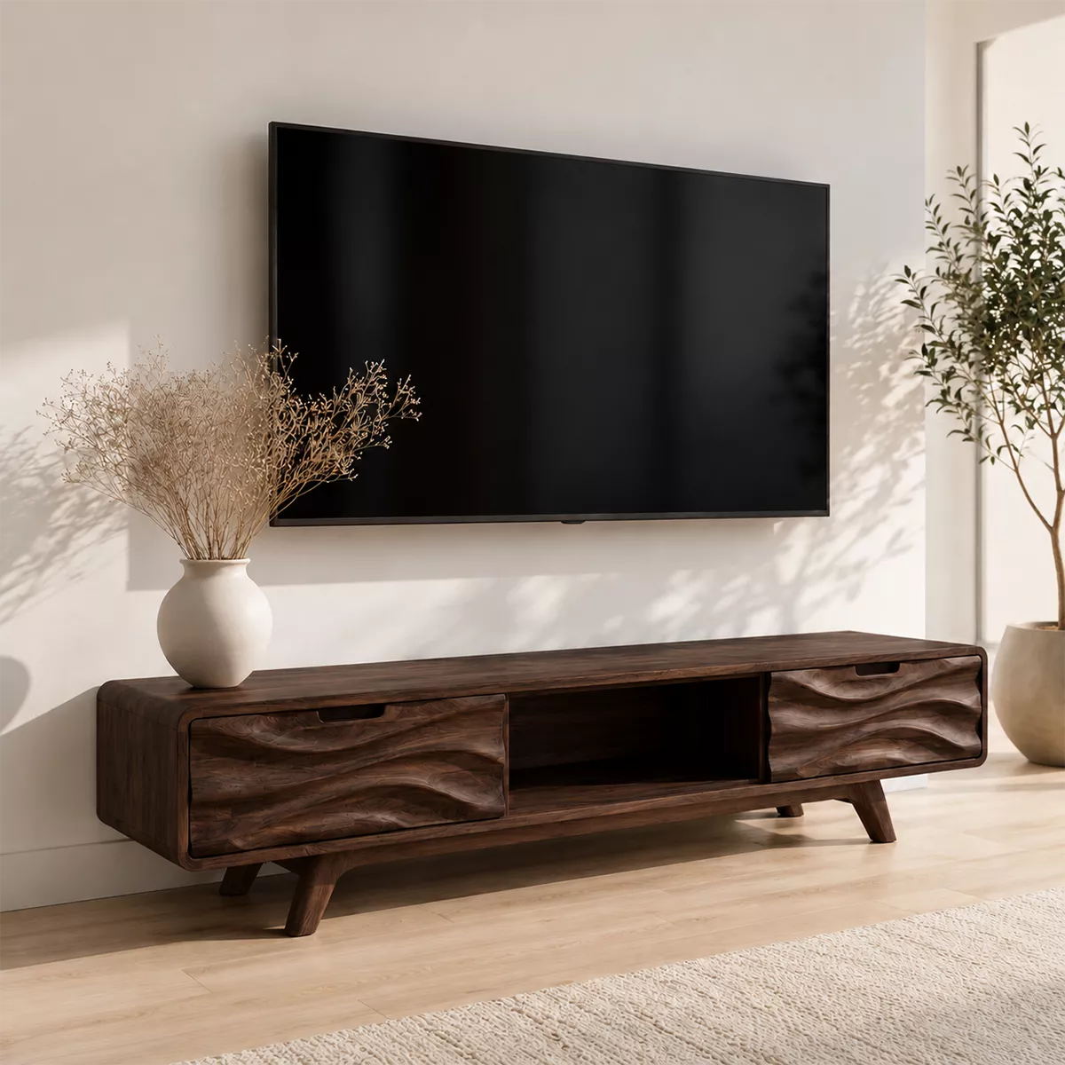 Scandinavian TV Stand with Sculptural Wave-Front Drawers and Tapered Legs - Rustiracraft