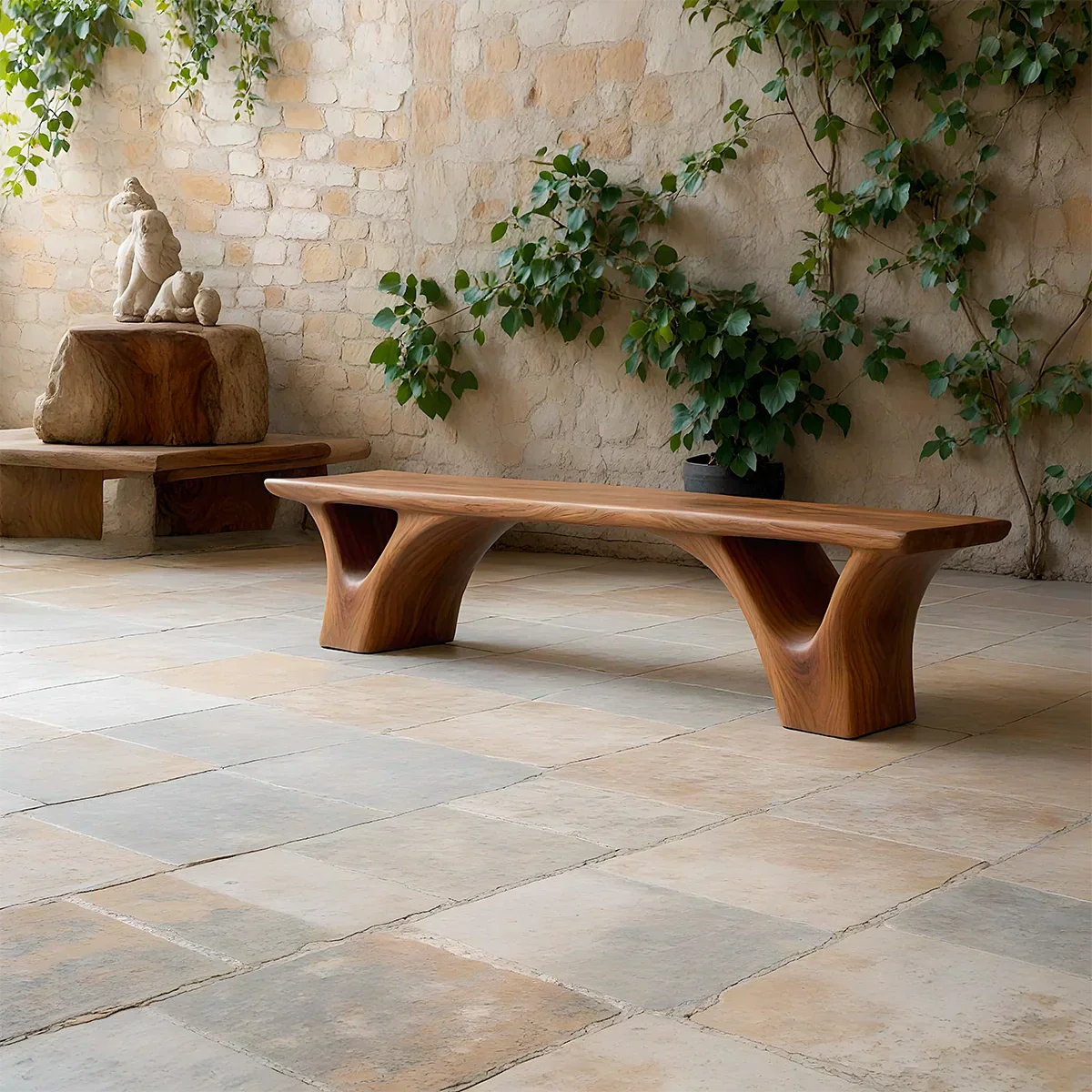 Sculpted Arch-Base Solid Wood Bench – Modern Fluid Silhouette - Rustiracraft