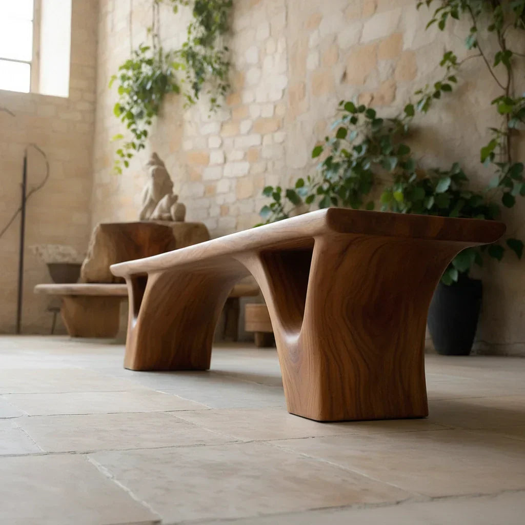 Sculpted Arch-Base Solid Wood Bench – Modern Fluid Silhouette - Rustiracraft