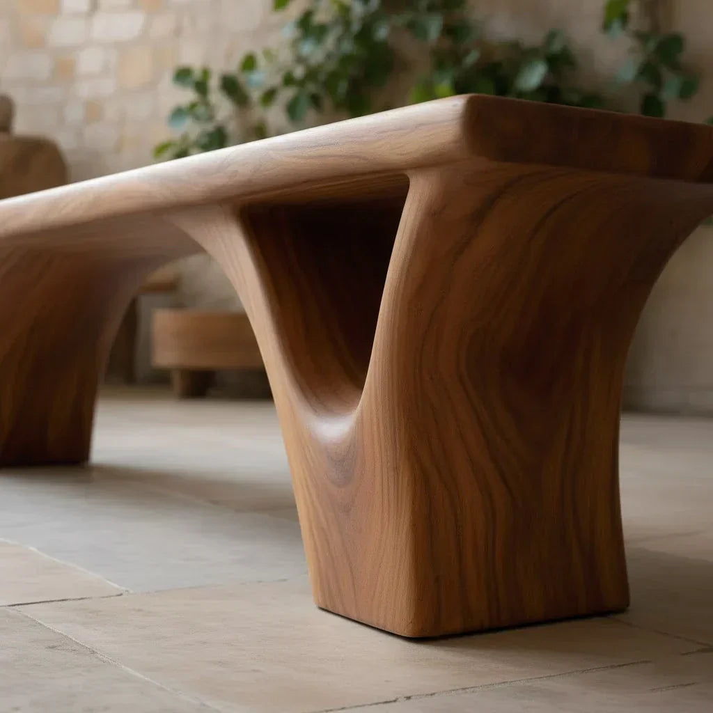 Sculpted Arch-Base Solid Wood Bench – Modern Fluid Silhouette - Rustiracraft