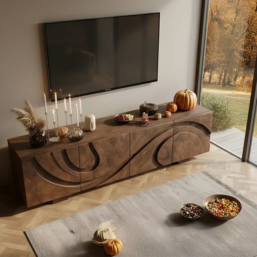 Sculpted Dark Walnut TV Stand — Lunar Tide Edition - Rustiracraft 