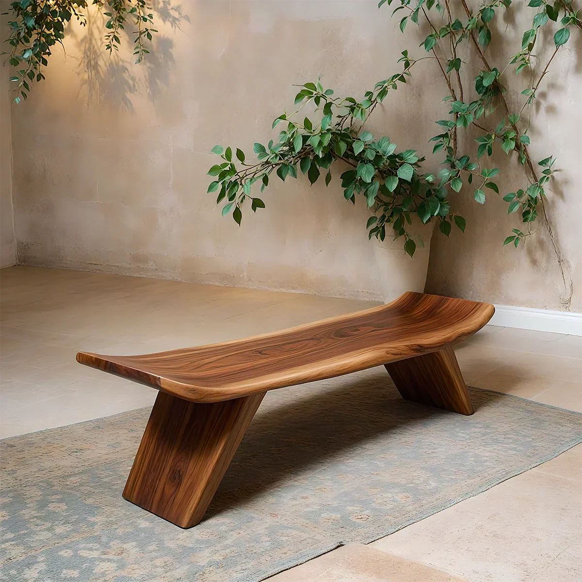 Sculpted Low-Profile Bench in Natural Solid Wood – Curved Edge Form - Rustiracraft