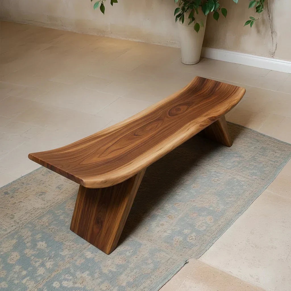 Sculpted Low-Profile Bench in Natural Solid Wood – Curved Edge Form - Rustiracraft