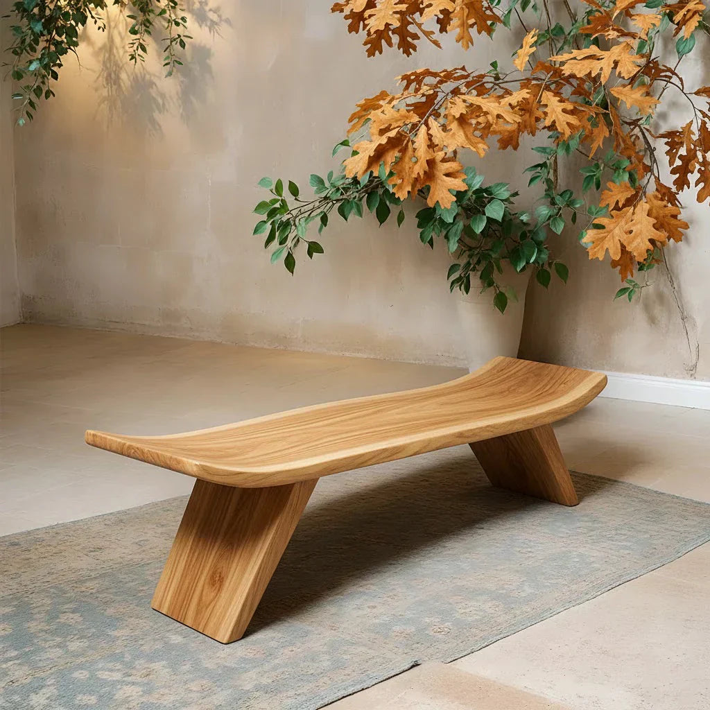 Sculpted Low-Profile Bench in Natural Solid Wood – Curved Edge Form - Rustiracraft
