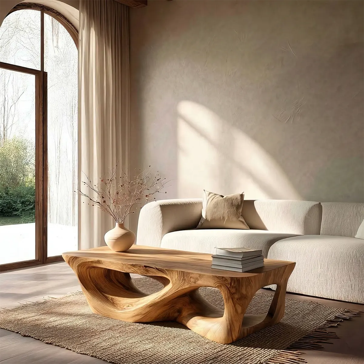 Sculpted Natural Solid Wood Coffee Table with Organic Carved Base - Rustiracraft 
