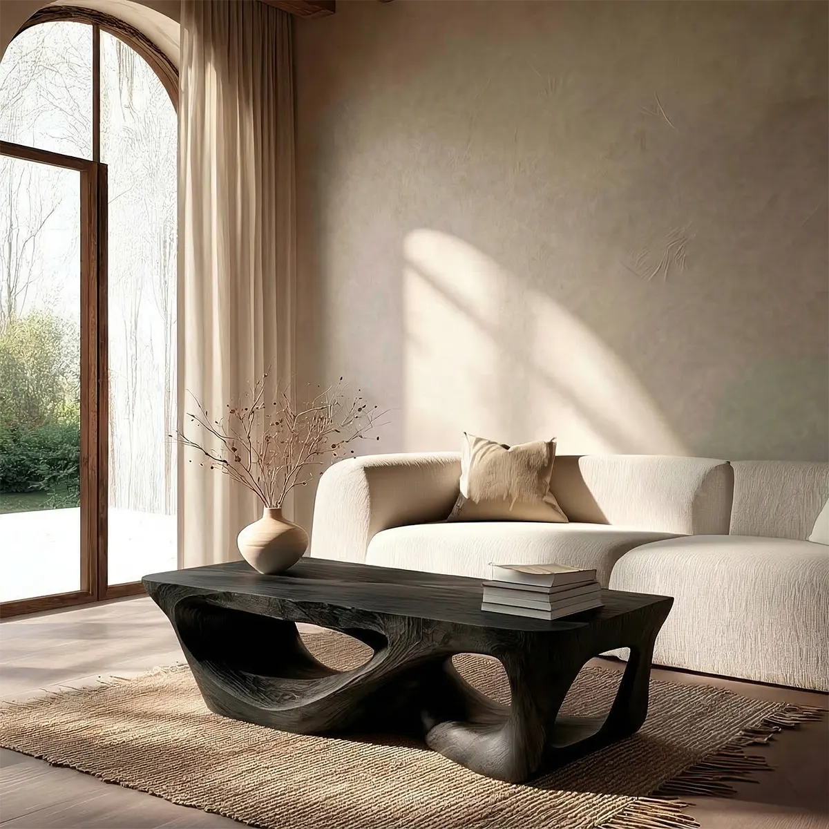 Sculpted Natural Solid Wood Coffee Table with Organic Carved Base - Rustiracraft 