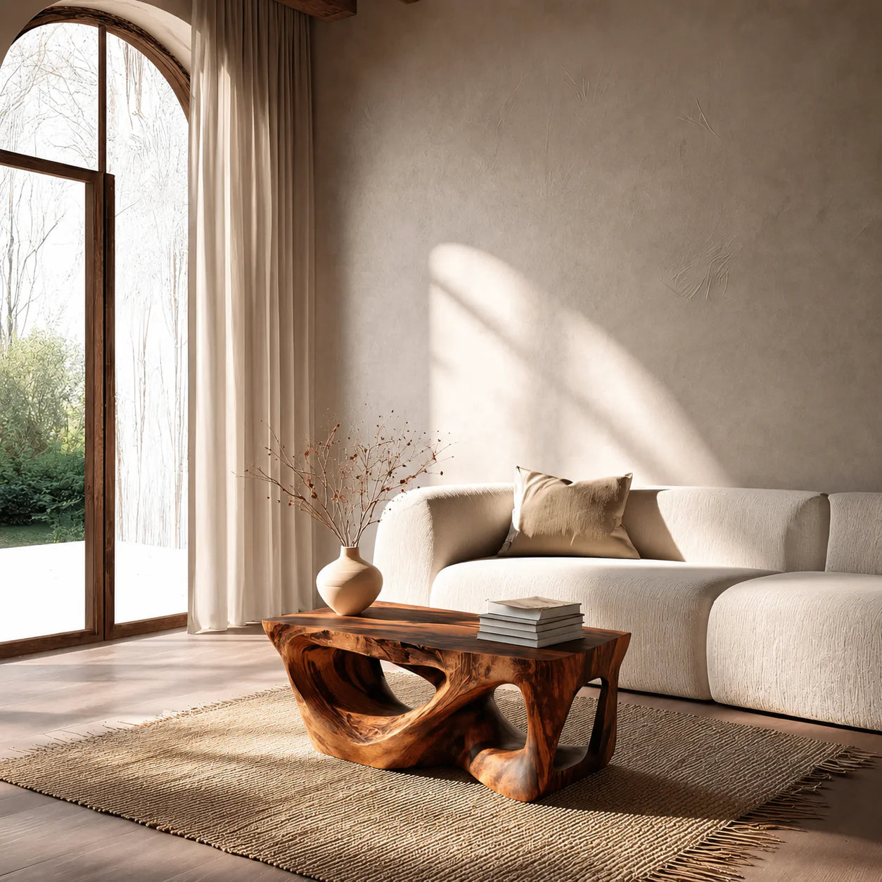 Sculpted Natural Solid Wood Coffee Table with Organic Carved Base - Rustiracraft