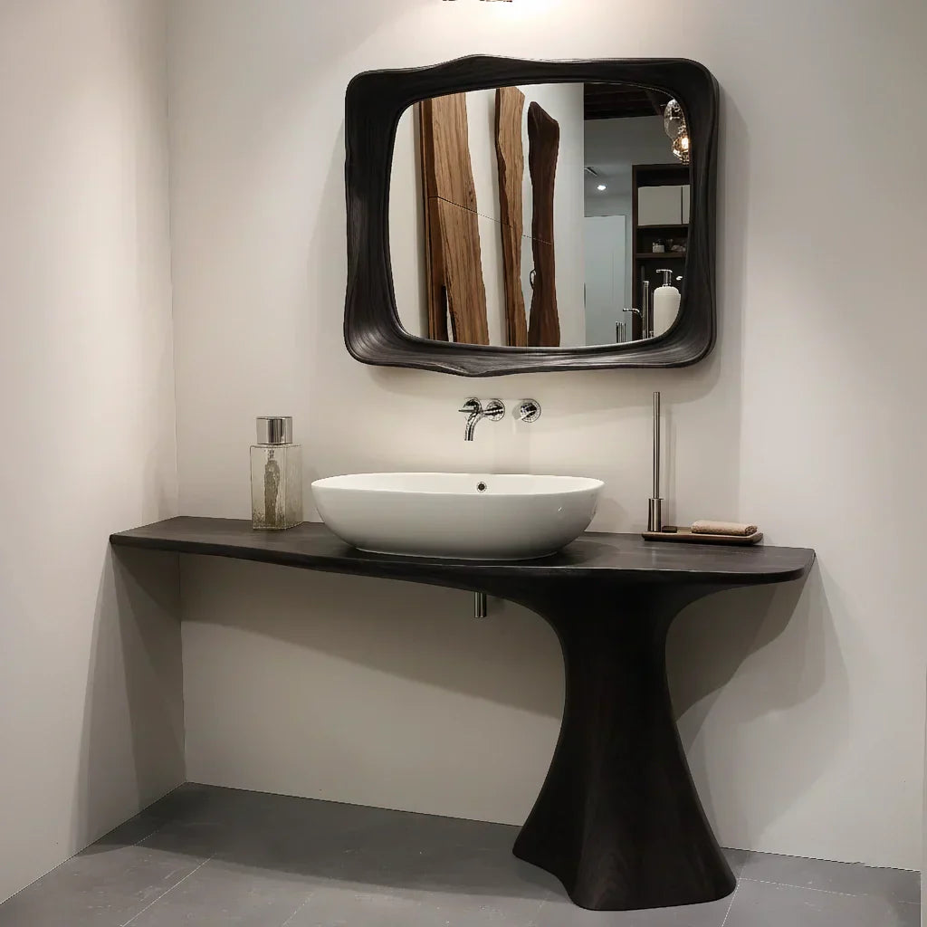 Sculpted Solid Wood Bathroom Vanity With Modern Curved Base - Rustiracraft
