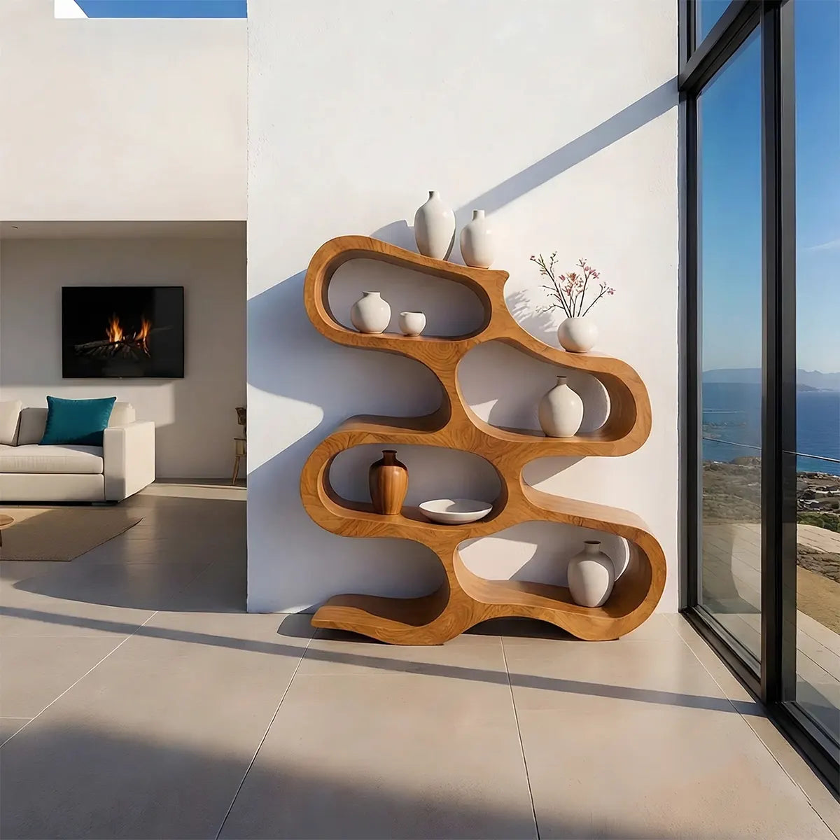 Sculpted Solid Wood Bookshelf – Flowing Wave Edition - Rustiracraft