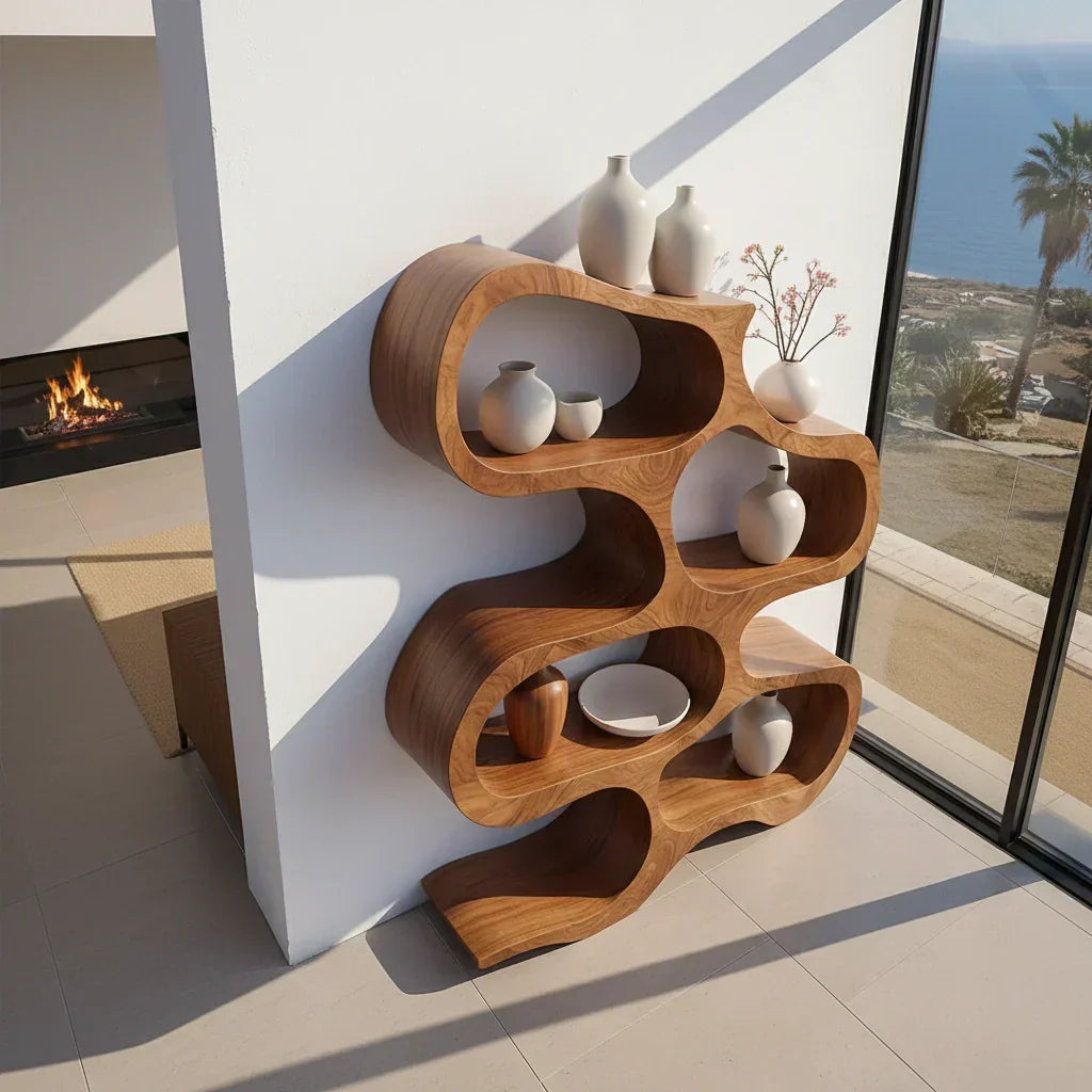Sculpted Solid Wood Bookshelf – Flowing Wave Edition - Rustiracraft