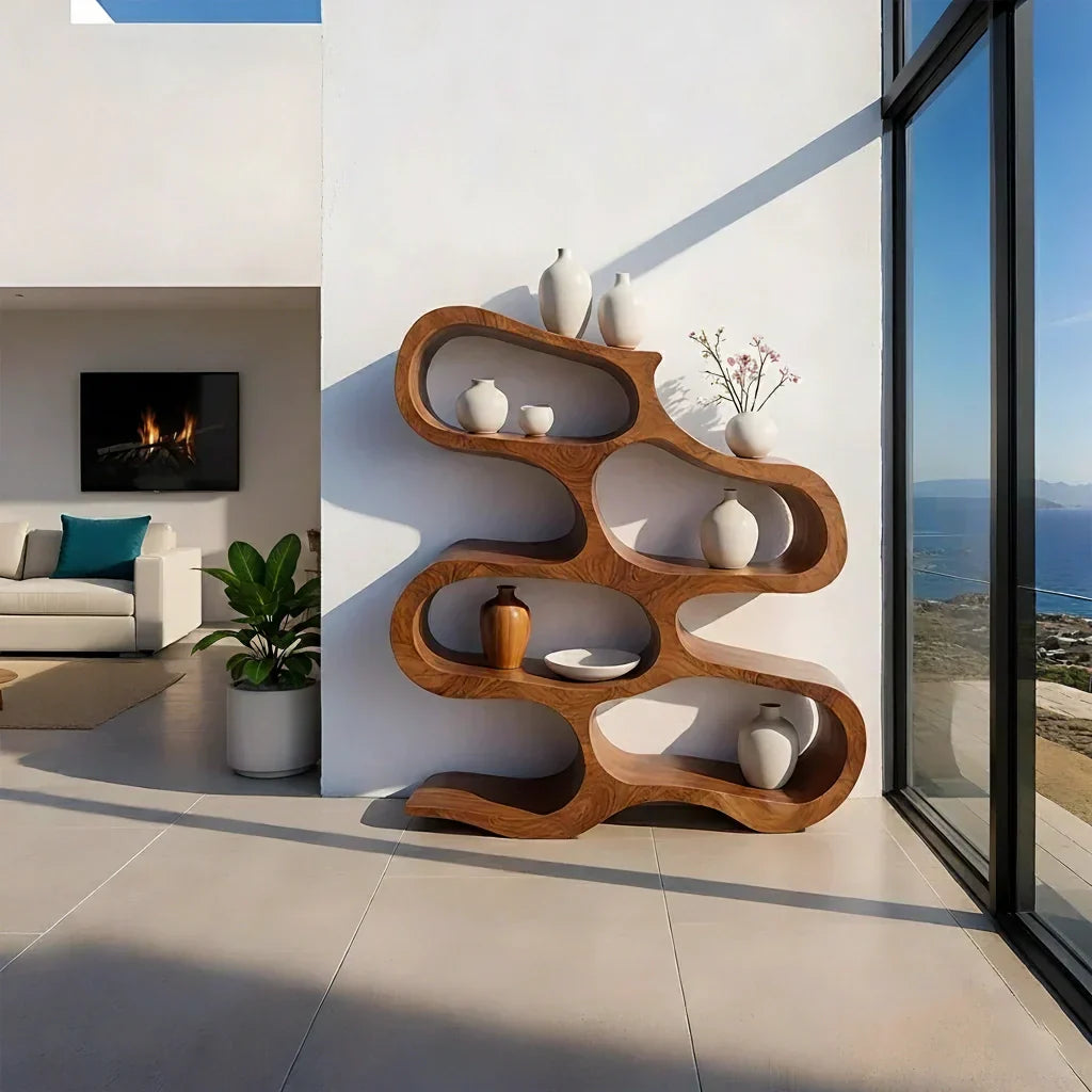Sculpted Solid Wood Bookshelf – Flowing Wave Edition - Rustiracraft