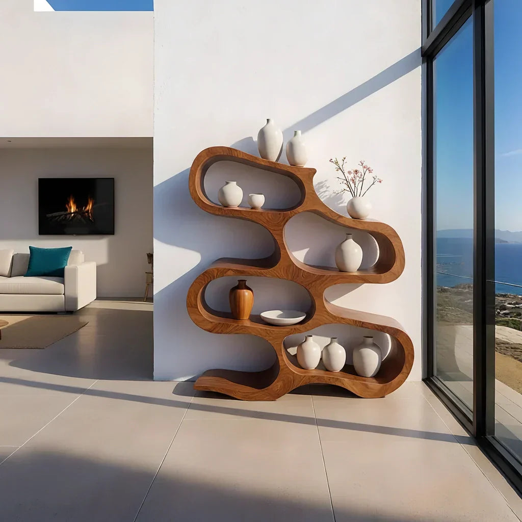 Sculpted Solid Wood Bookshelf – Flowing Wave Edition - Rustiracraft