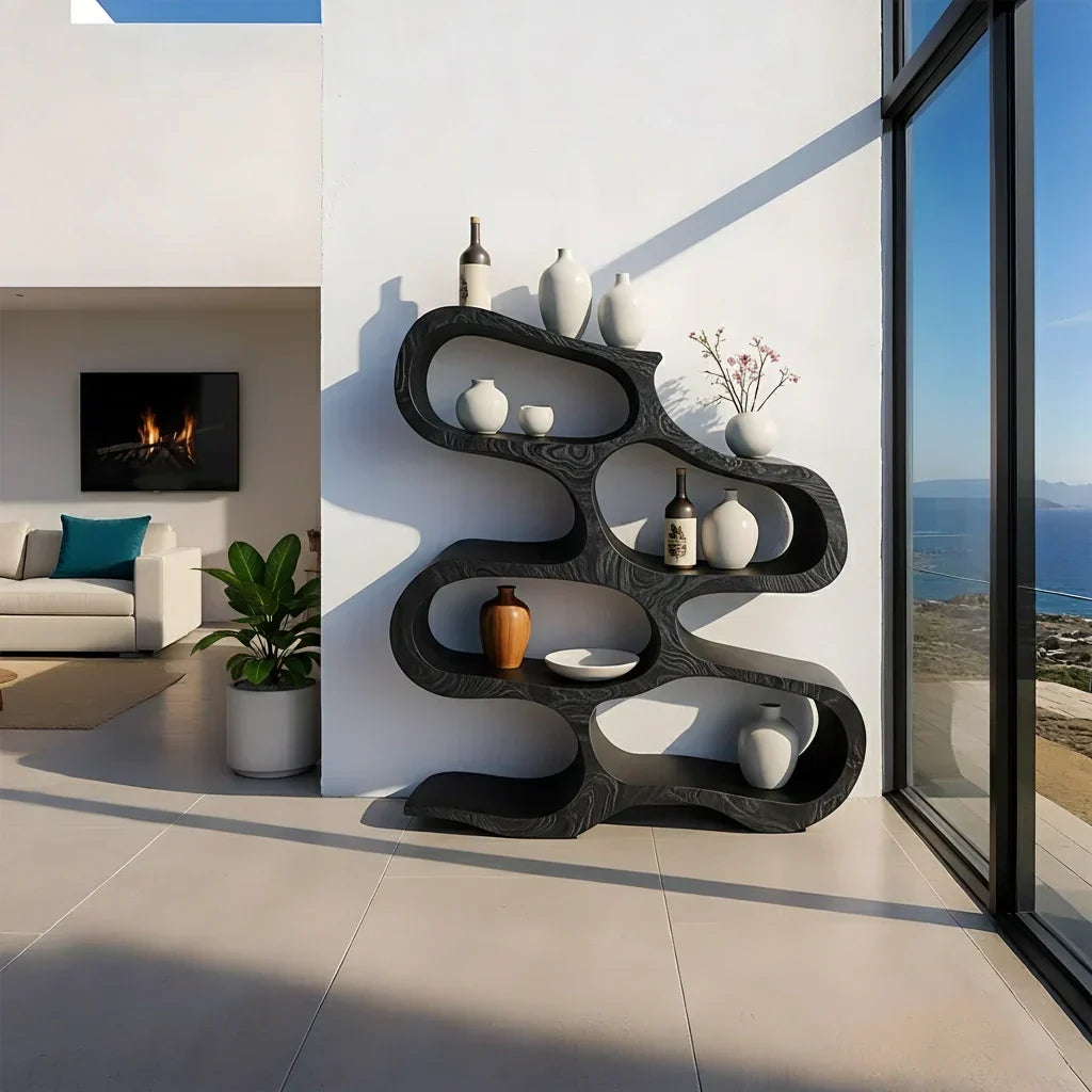 Sculpted Solid Wood Bookshelf – Flowing Wave Edition - Rustiracraft