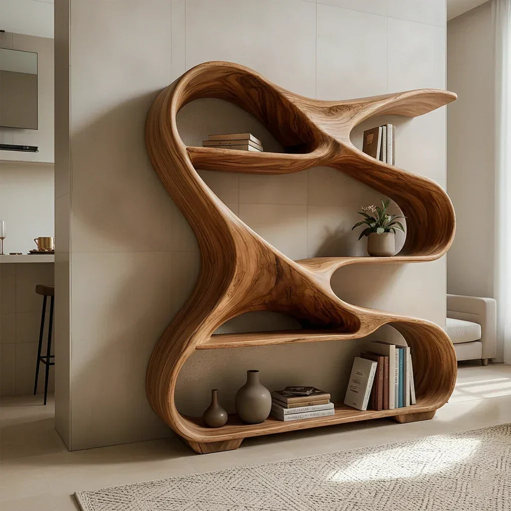 Sculpted Solid Wood Bookshelf – Rustic Flow Edition - Rustiracraft