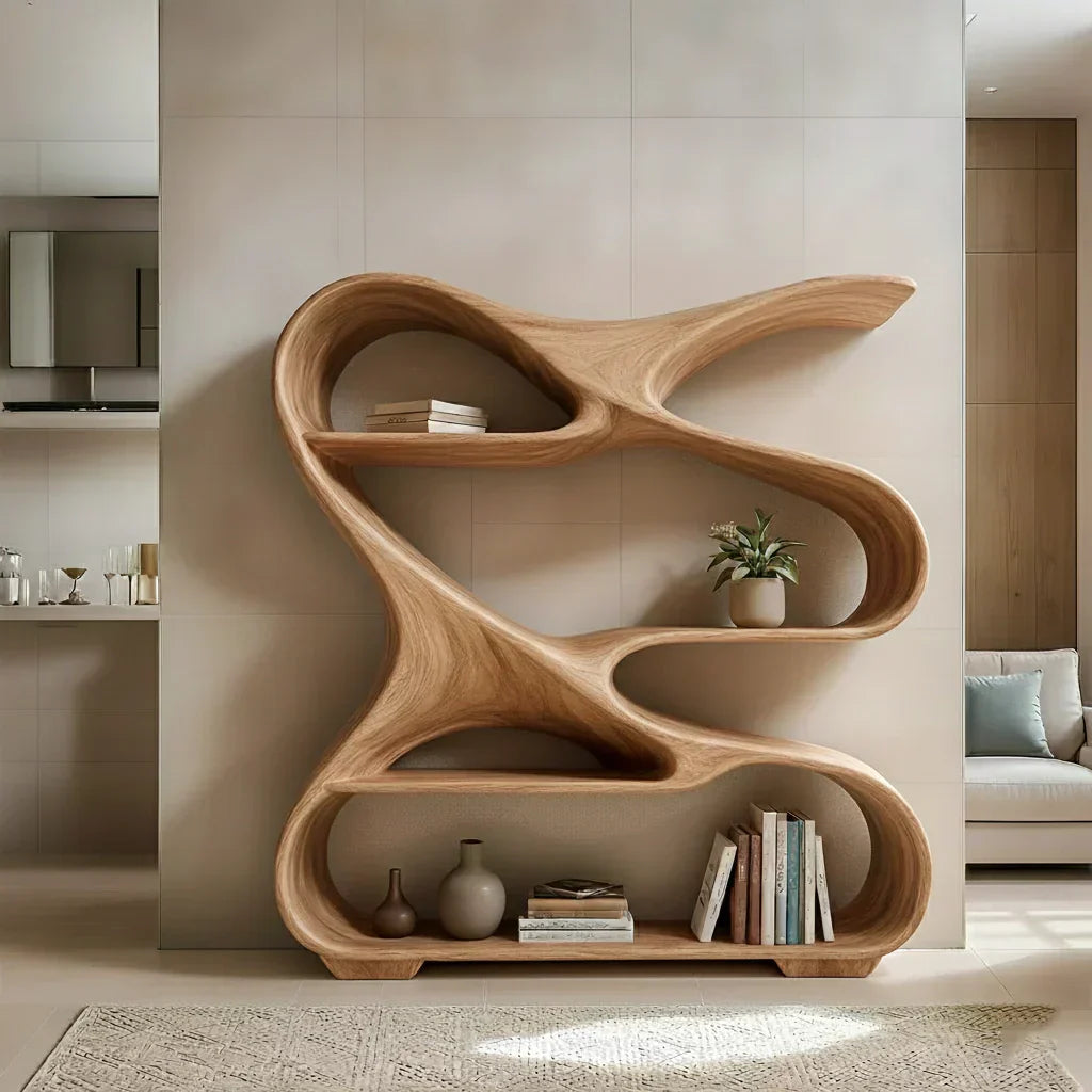 Sculpted Solid Wood Bookshelf – Rustic Flow Edition - Rustiracraft