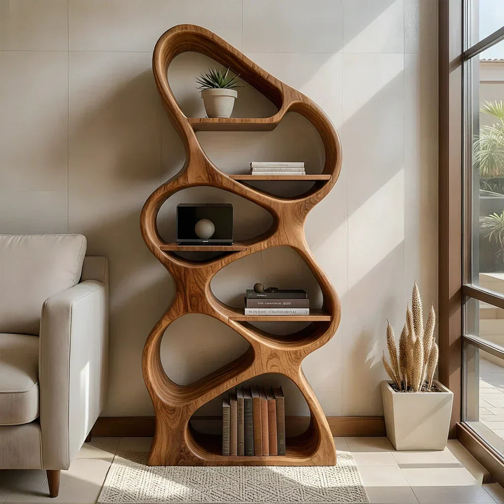 Sculpted Solid Wood Bookshelf – Vertical Organic Form - Rustiracraft