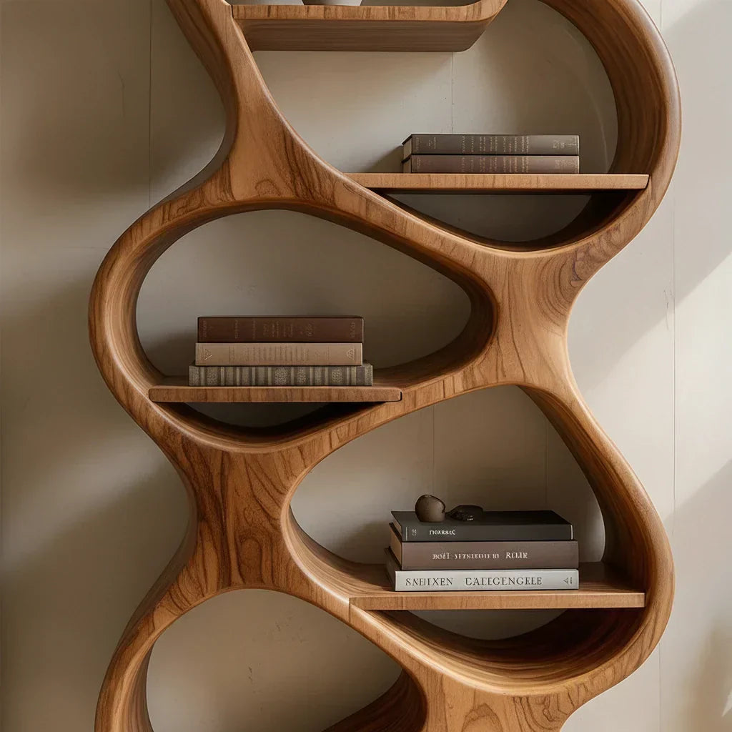 Sculpted Solid Wood Bookshelf – Vertical Organic Form - Rustiracraft