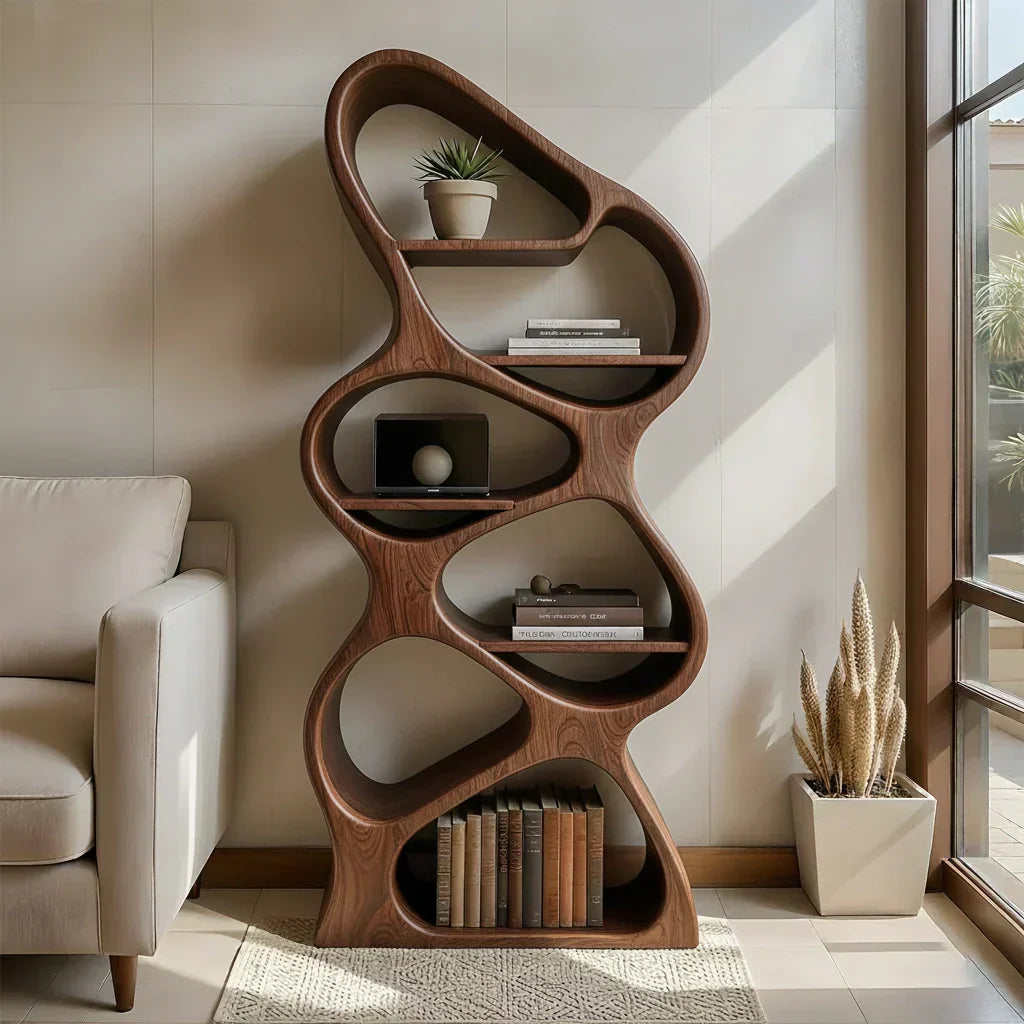 Sculpted Solid Wood Bookshelf – Vertical Organic Form - Rustiracraft