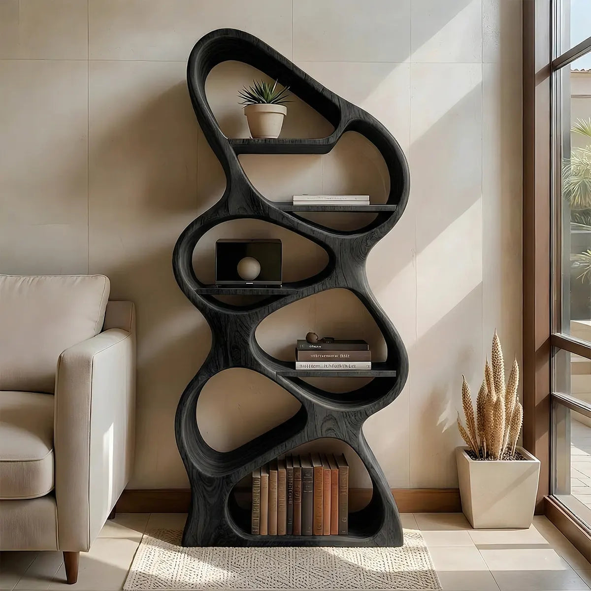 Sculpted Solid Wood Bookshelf – Vertical Organic Form - Rustiracraft